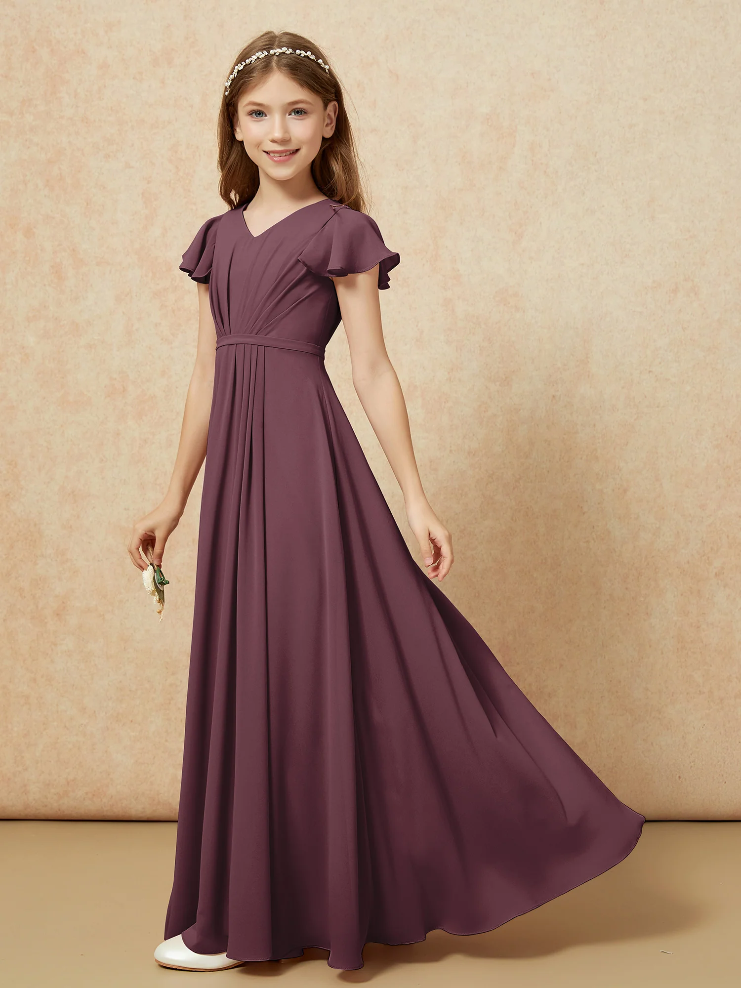 Flutter Sleeves V-neck Chiffon Junior Bridesmaid Dresses Cabernet - Image 3