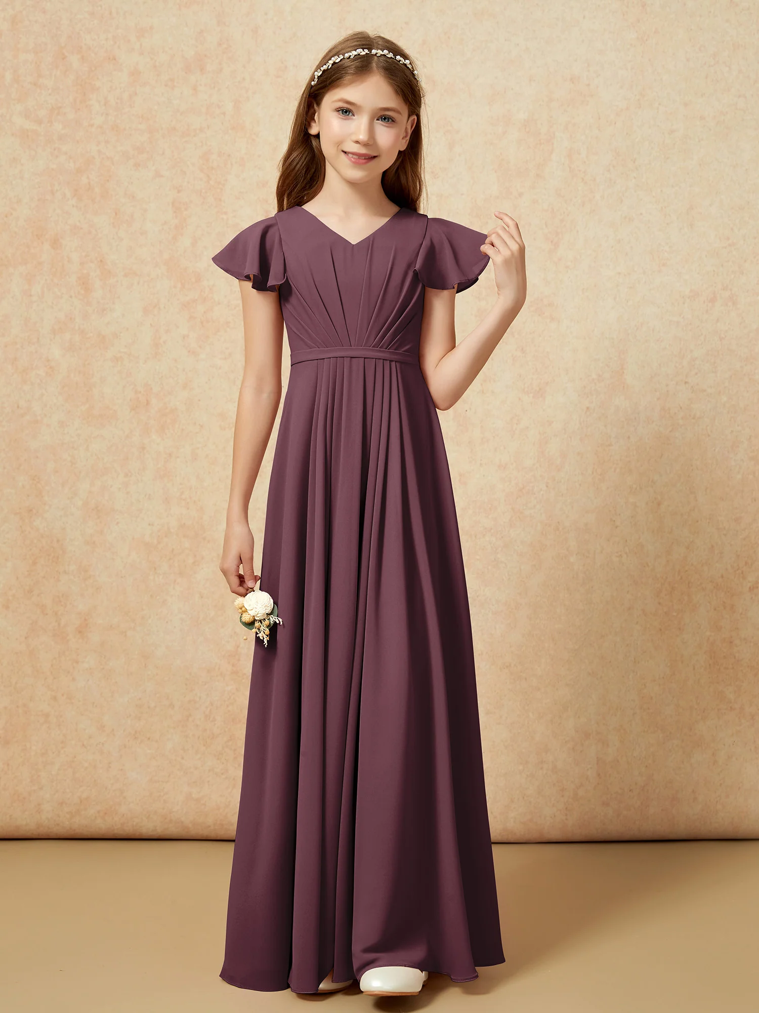 Flutter Sleeves V-neck Chiffon Junior Bridesmaid Dresses Cabernet - Image 4