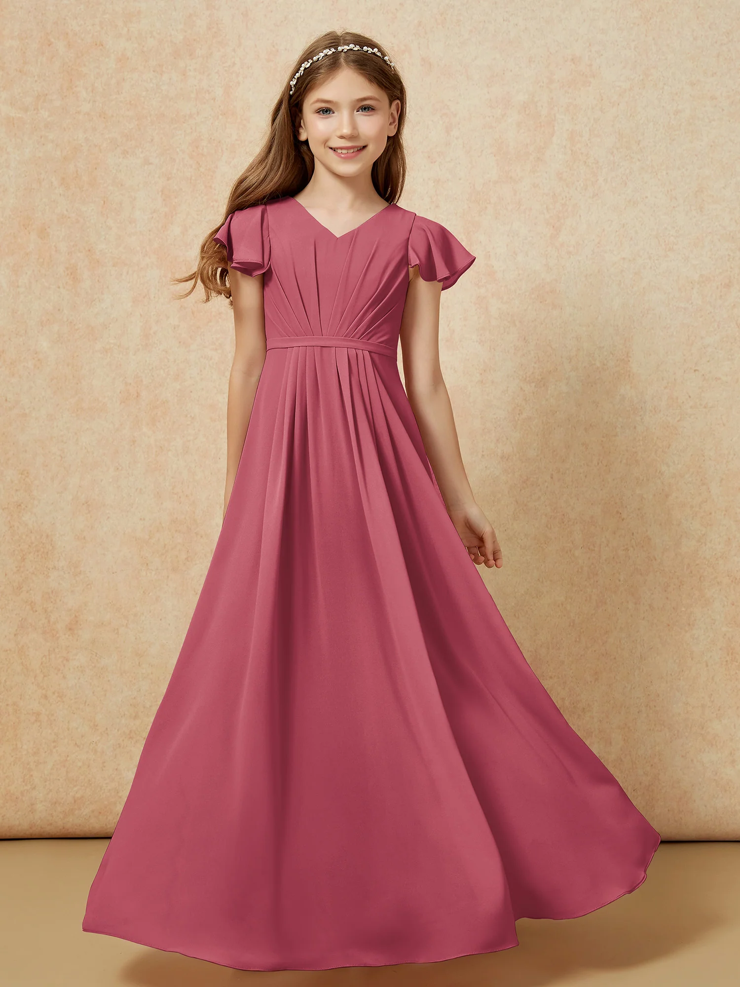 Flutter Sleeves V-neck Chiffon Junior Bridesmaid Dresses Cinnamon Rose