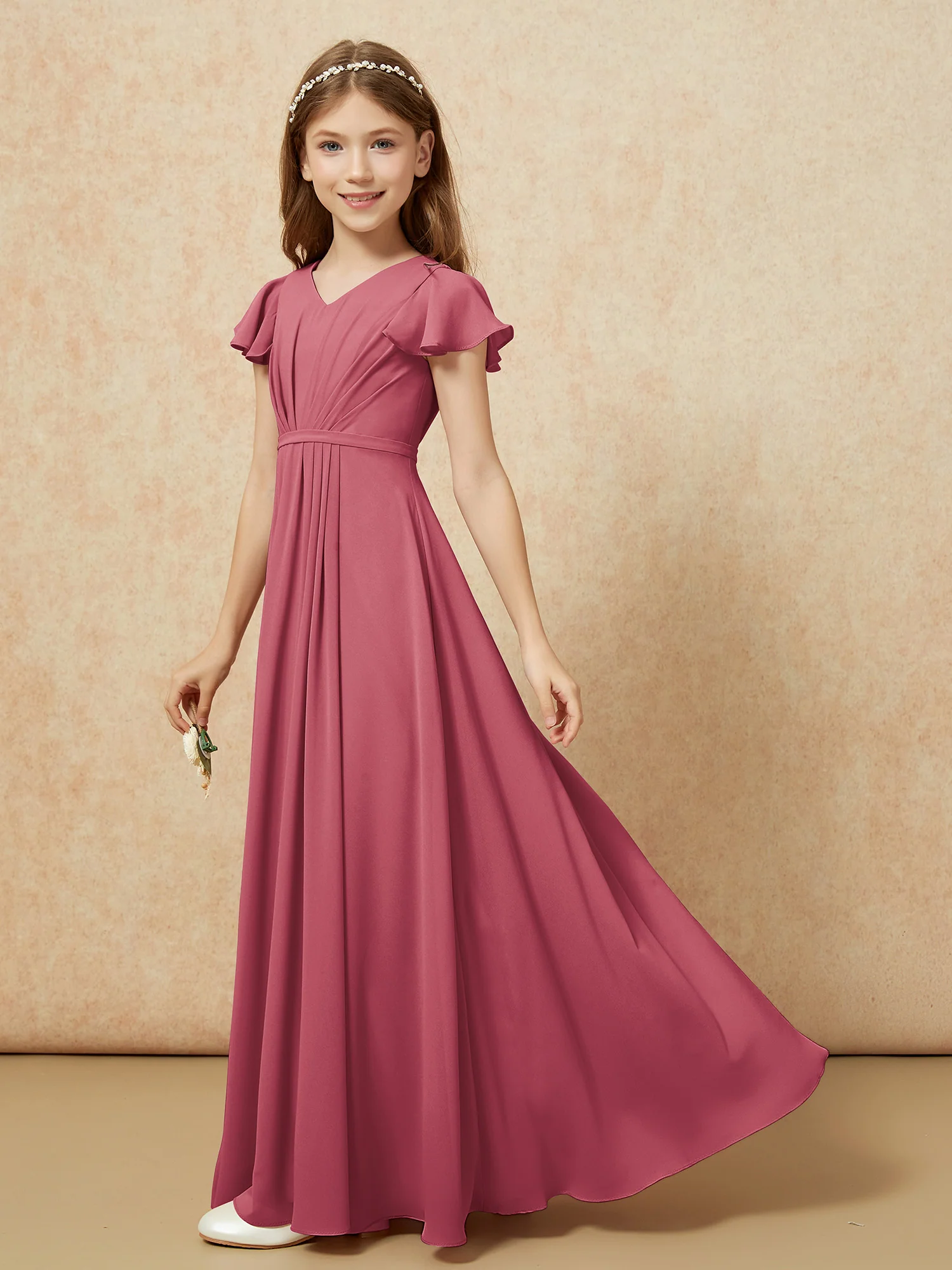 Flutter Sleeves V-neck Chiffon Junior Bridesmaid Dresses Cinnamon Rose - Image 3