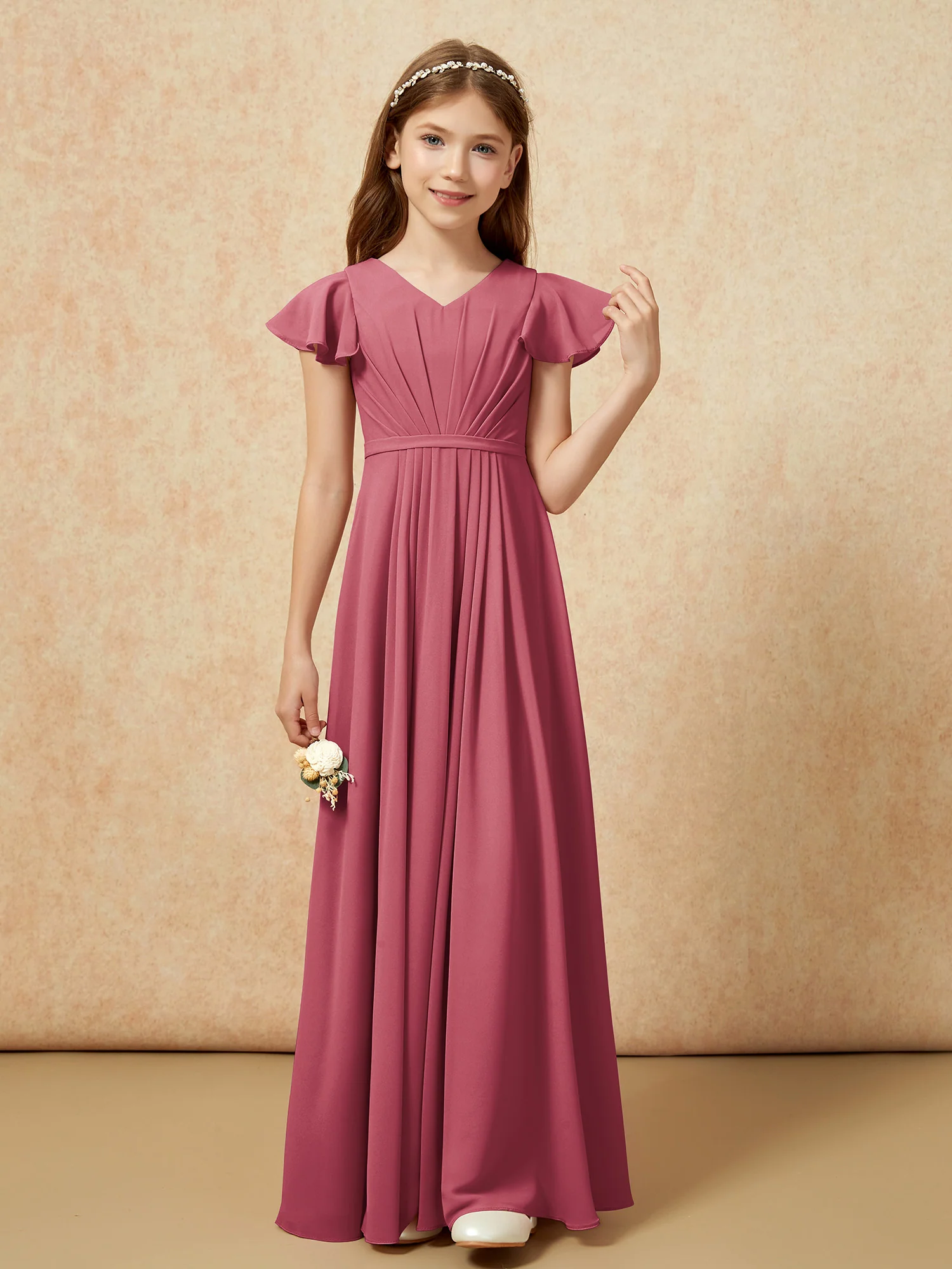 Flutter Sleeves V-neck Chiffon Junior Bridesmaid Dresses Cinnamon Rose - Image 4