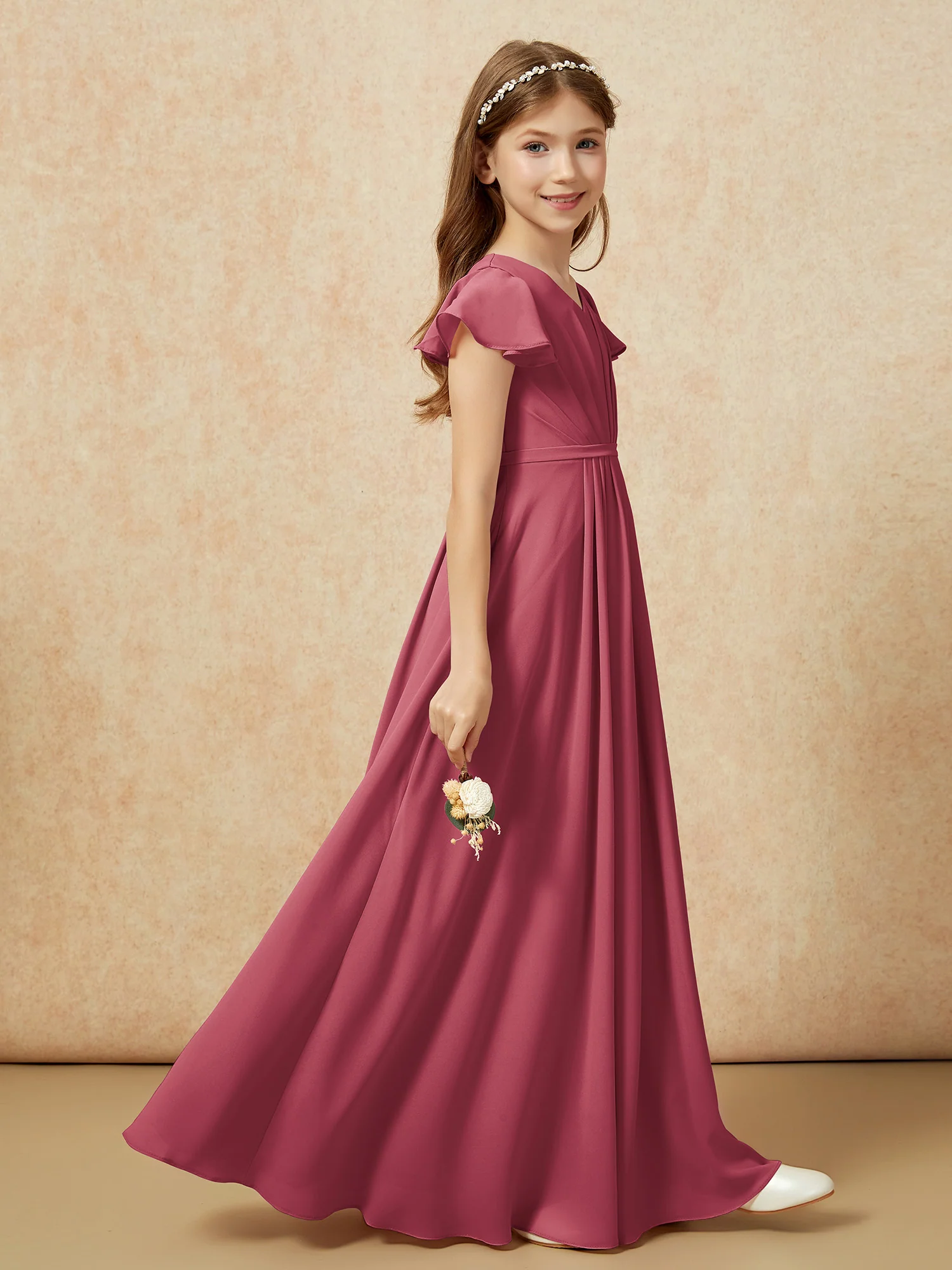 Flutter Sleeves V-neck Chiffon Junior Bridesmaid Dresses Cinnamon Rose - Image 5
