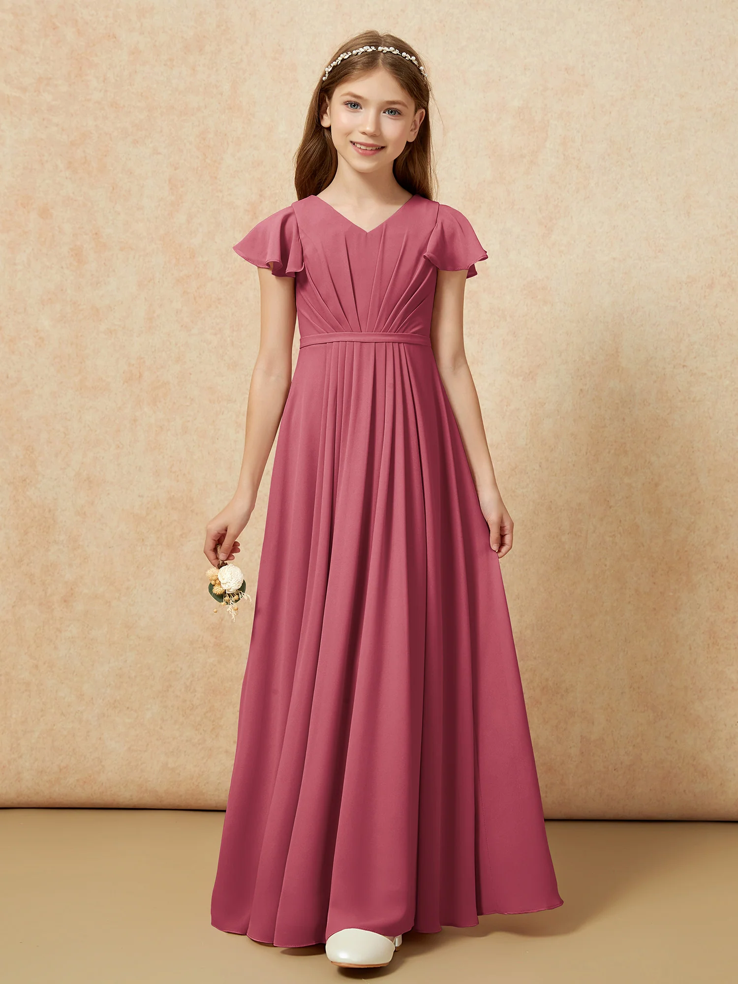 Flutter Sleeves V-neck Chiffon Junior Bridesmaid Dresses Cinnamon Rose - Image 6