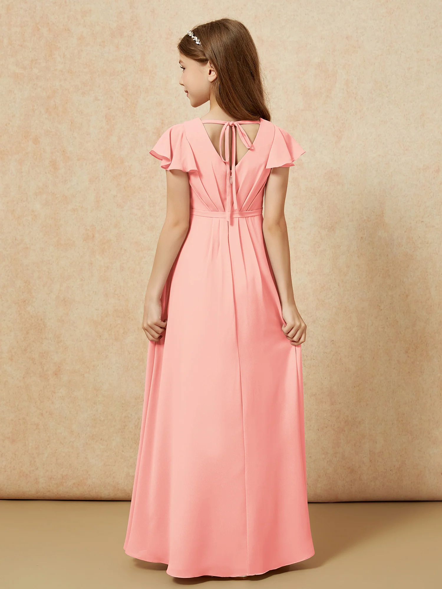 Flutter Sleeves V-neck Chiffon Junior Bridesmaid Dresses Coral - Image 2
