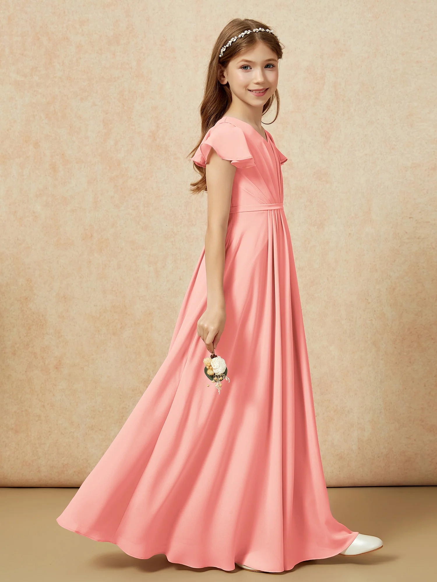 Flutter Sleeves V-neck Chiffon Junior Bridesmaid Dresses Coral - Image 5