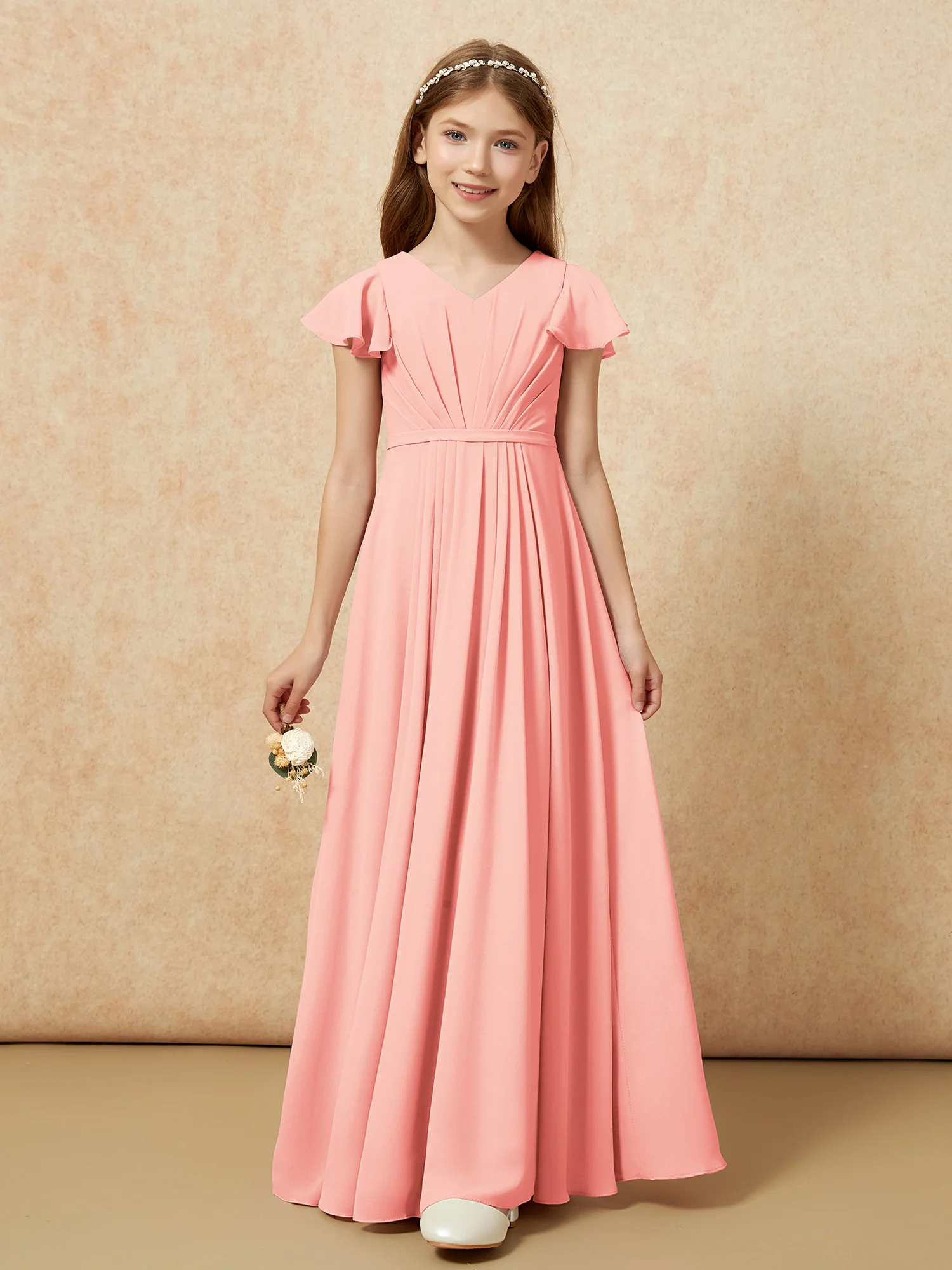 Flutter Sleeves V-neck Chiffon Junior Bridesmaid Dresses Coral - Image 6
