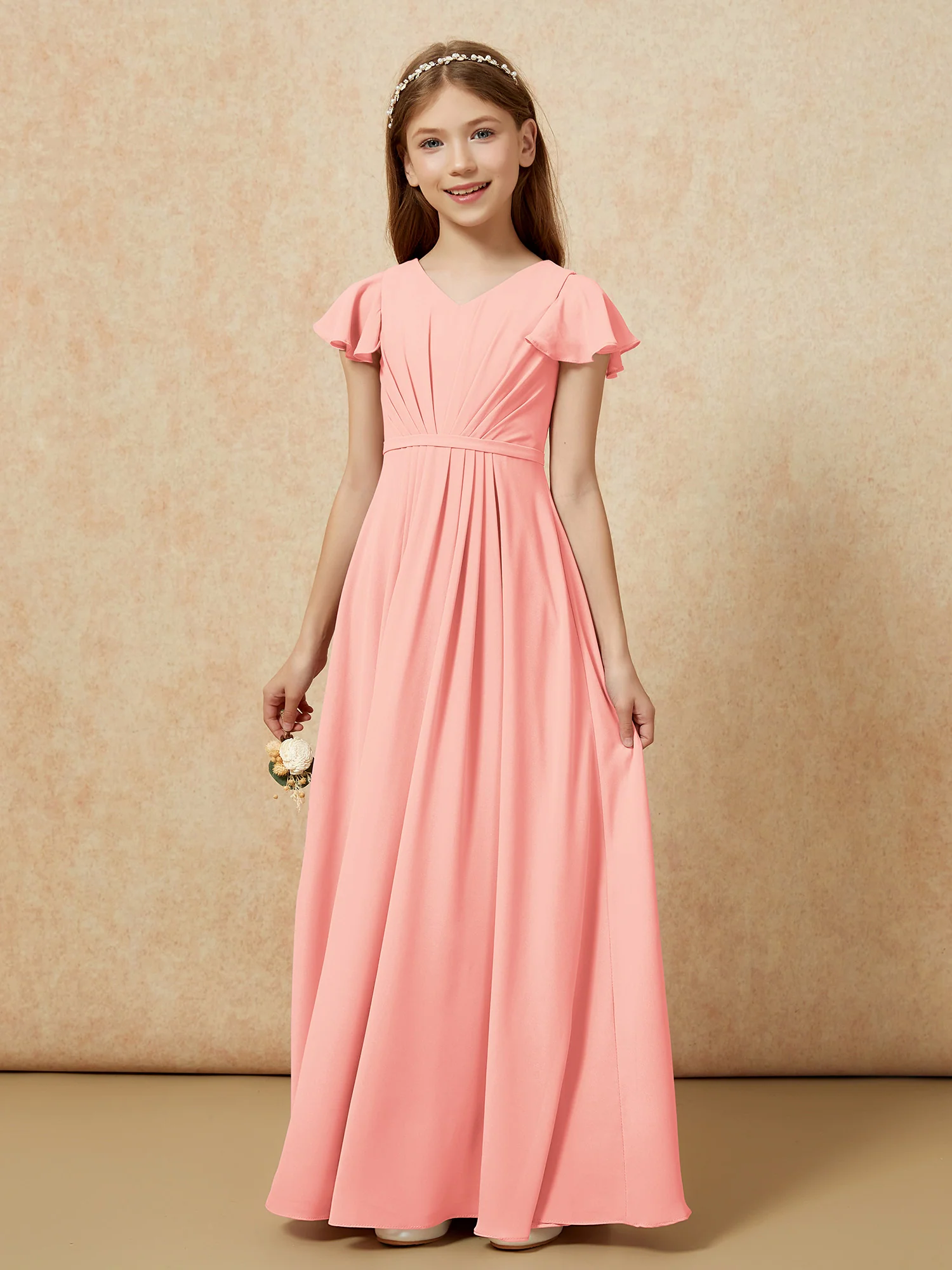 Flutter Sleeves V-neck Chiffon Junior Bridesmaid Dresses Coral - Image 7