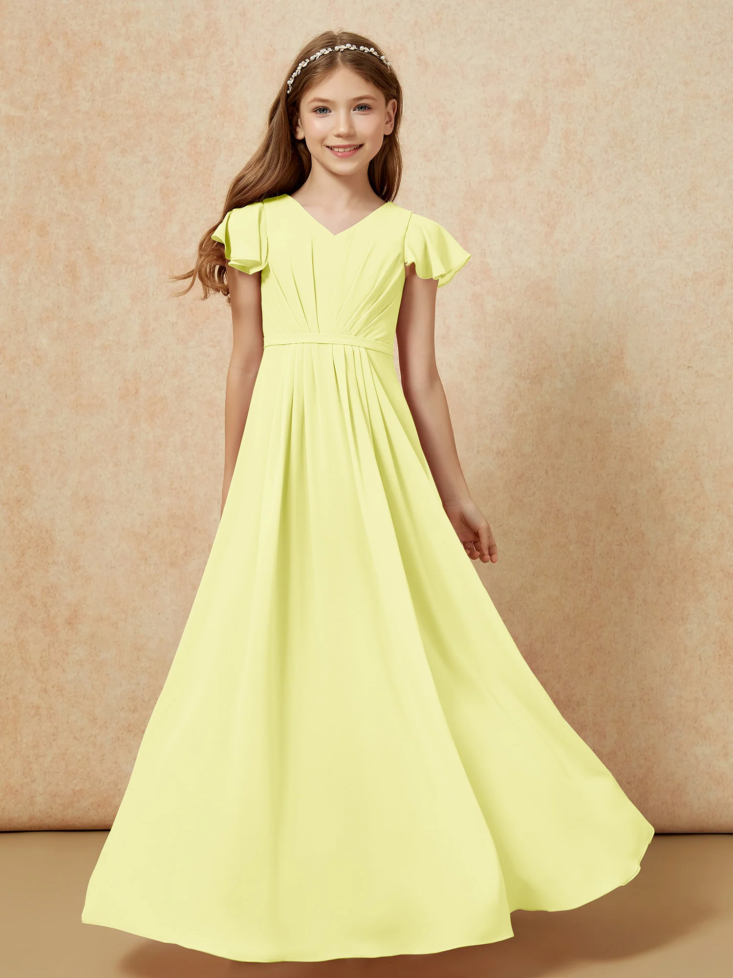 Flutter Sleeves V-neck Chiffon Junior Bridesmaid Dresses Daffodil