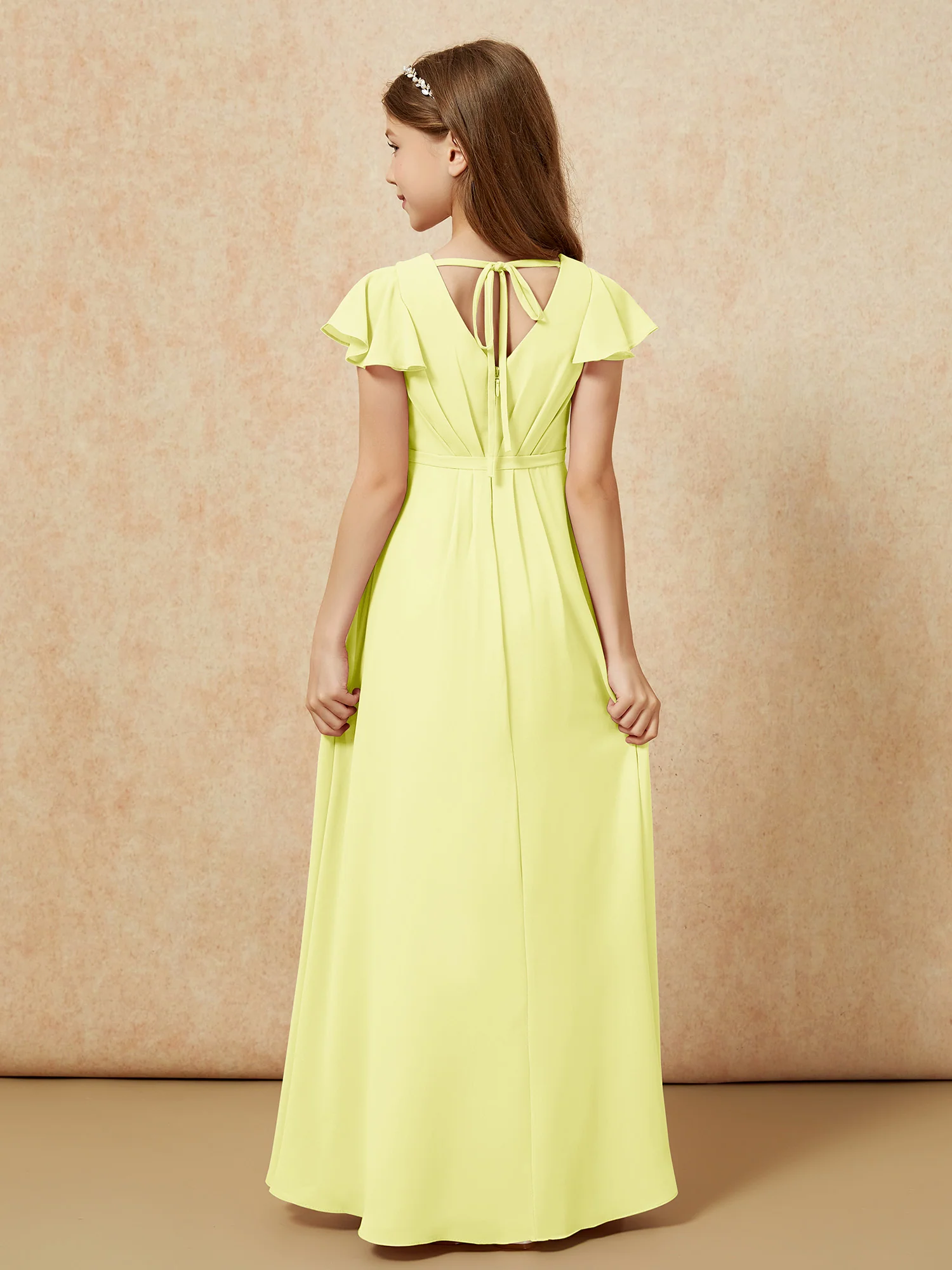 Flutter Sleeves V-neck Chiffon Junior Bridesmaid Dresses Daffodil - Image 2