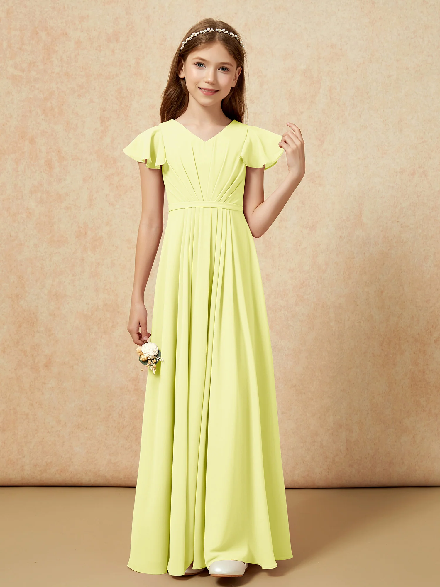 Flutter Sleeves V-neck Chiffon Junior Bridesmaid Dresses Daffodil - Image 4