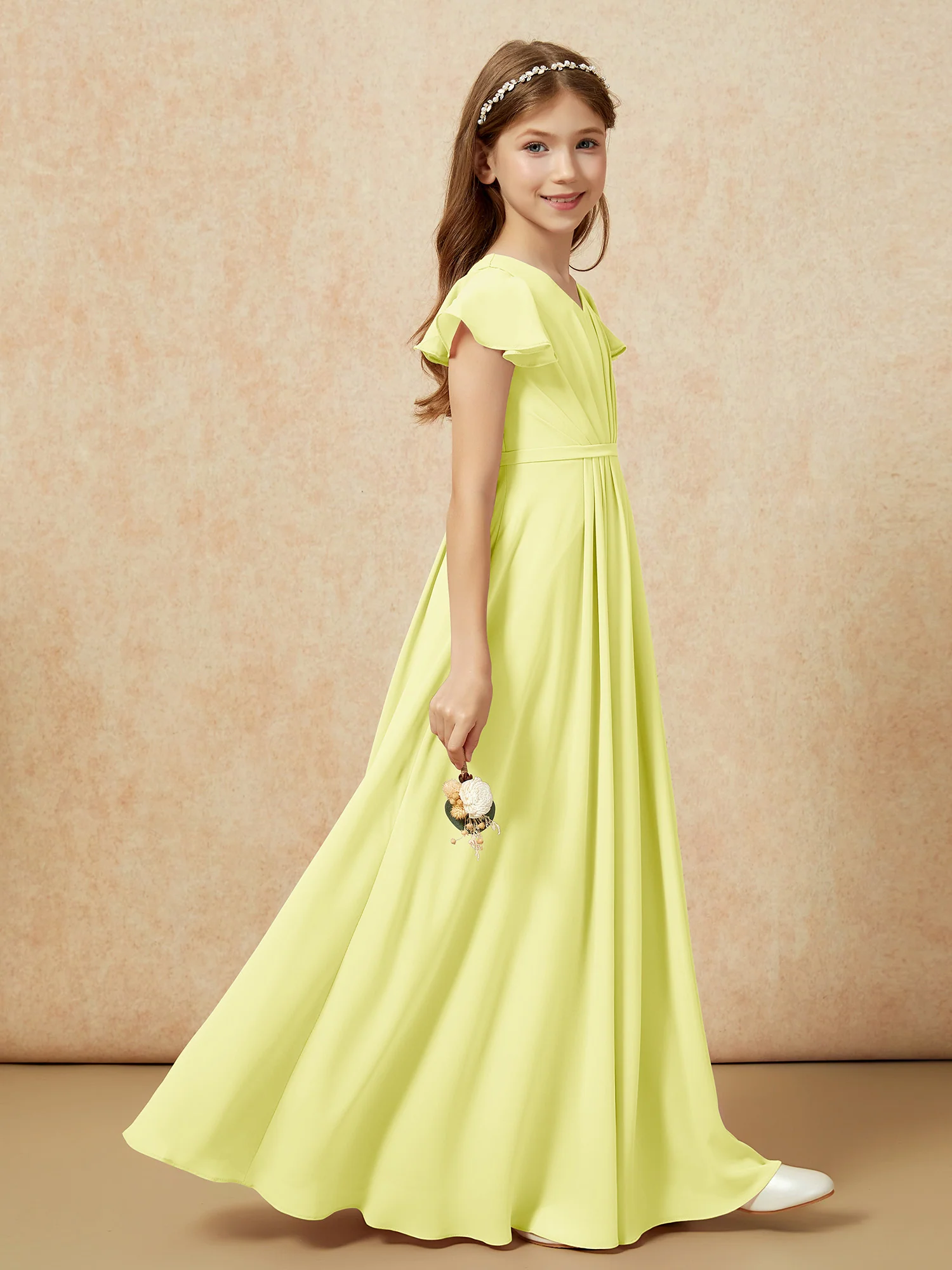 Flutter Sleeves V-neck Chiffon Junior Bridesmaid Dresses Daffodil - Image 5