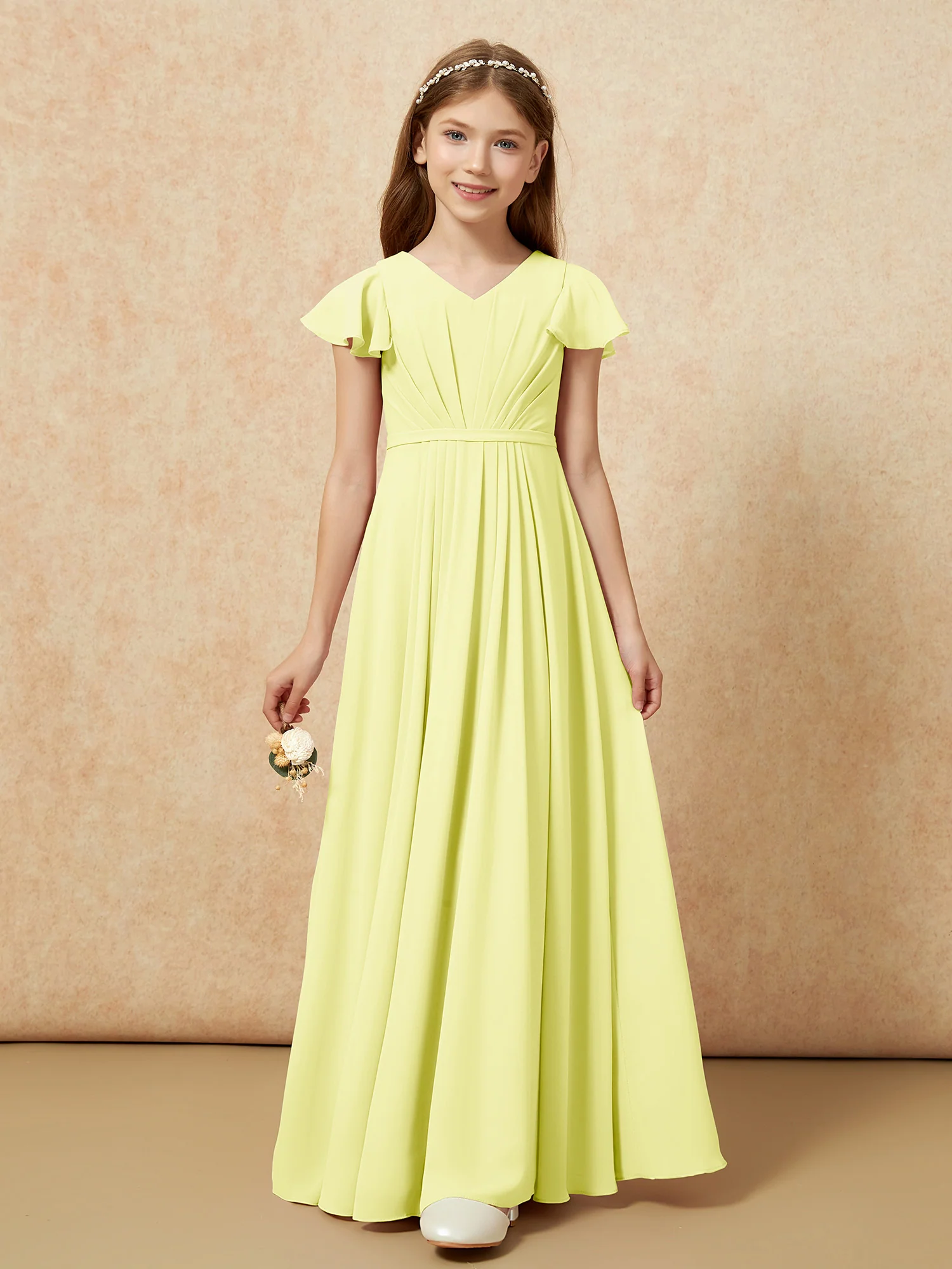 Flutter Sleeves V-neck Chiffon Junior Bridesmaid Dresses Daffodil - Image 6