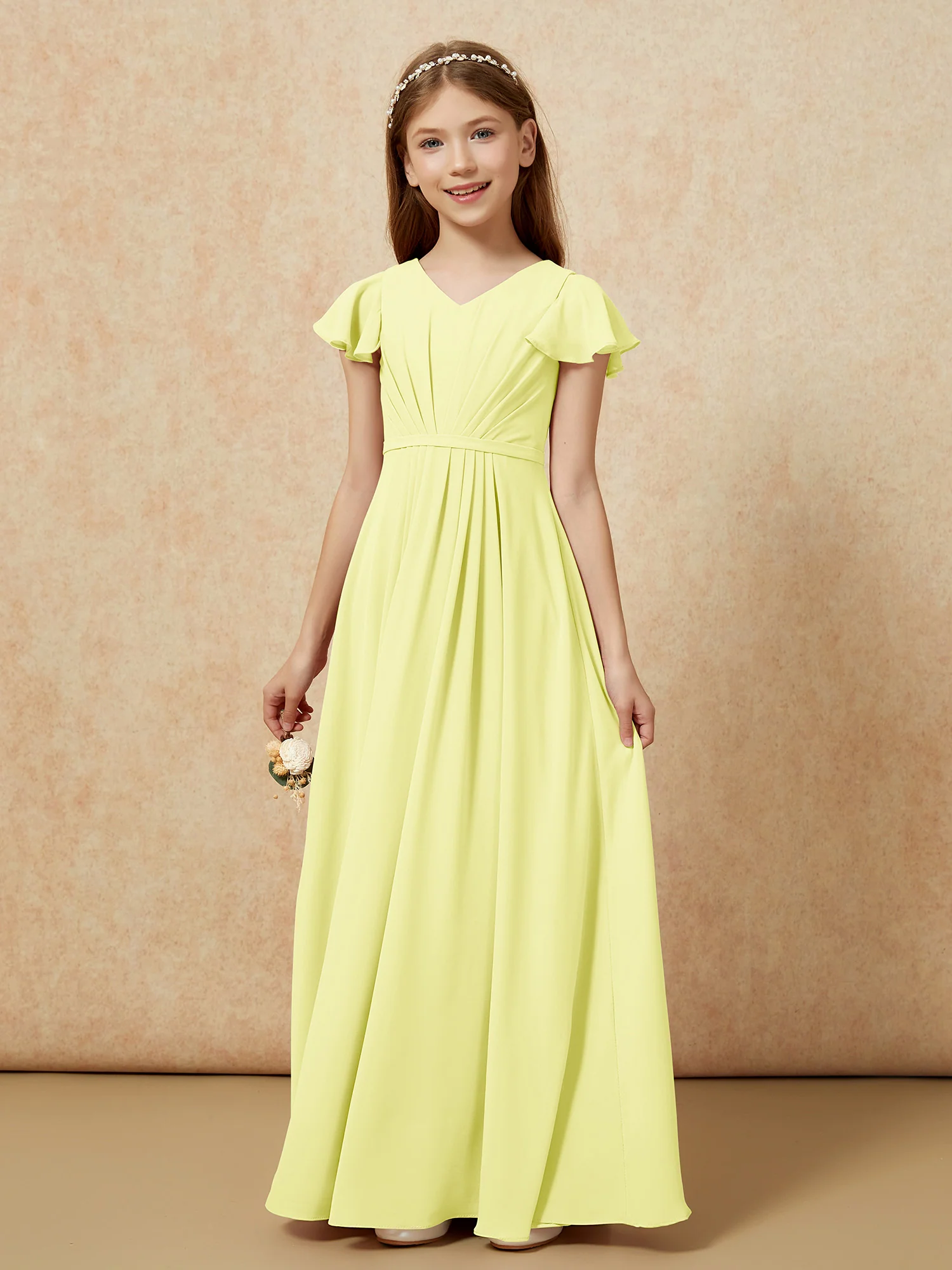 Flutter Sleeves V-neck Chiffon Junior Bridesmaid Dresses Daffodil - Image 7