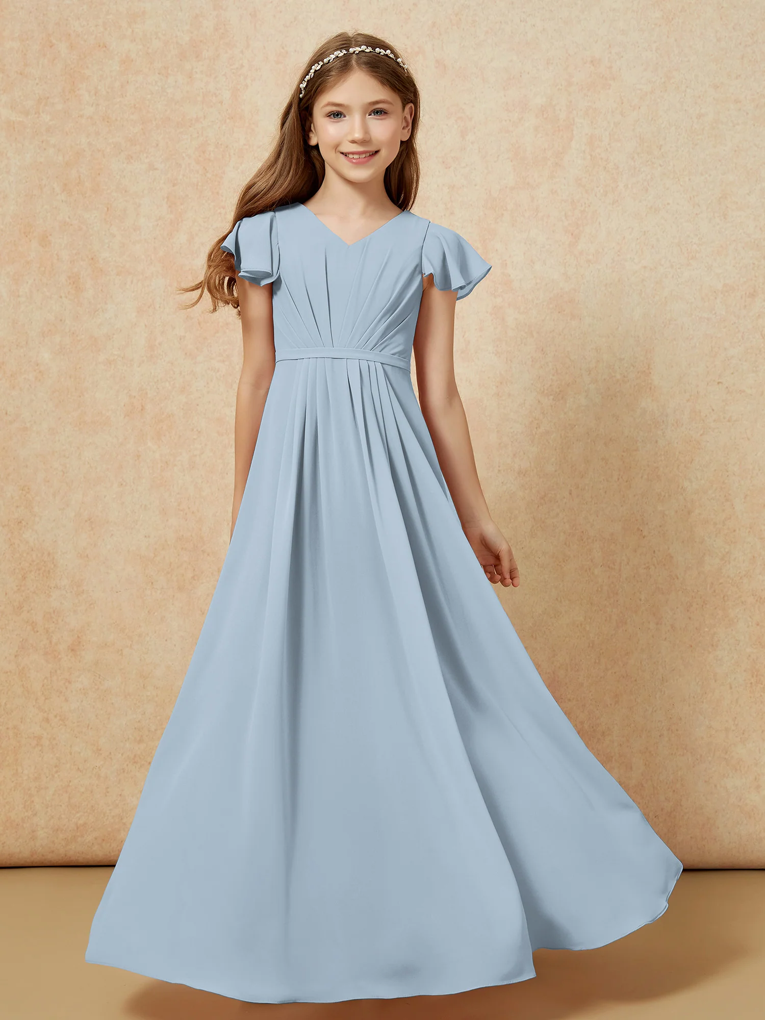 Flutter Sleeves V-neck Chiffon Junior Bridesmaid Dresses Dusty Blue