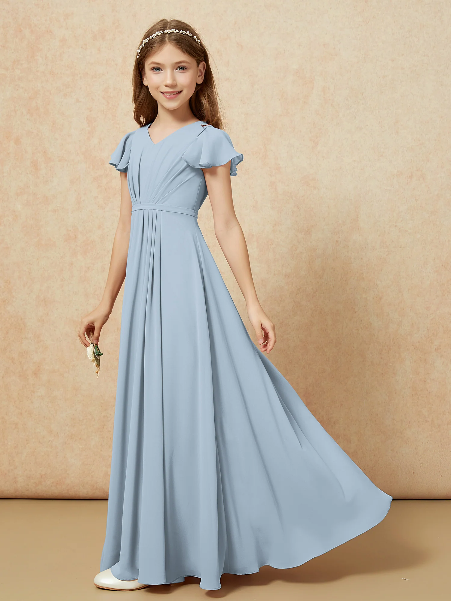 Flutter Sleeves V-neck Chiffon Junior Bridesmaid Dresses Dusty Blue - Image 3