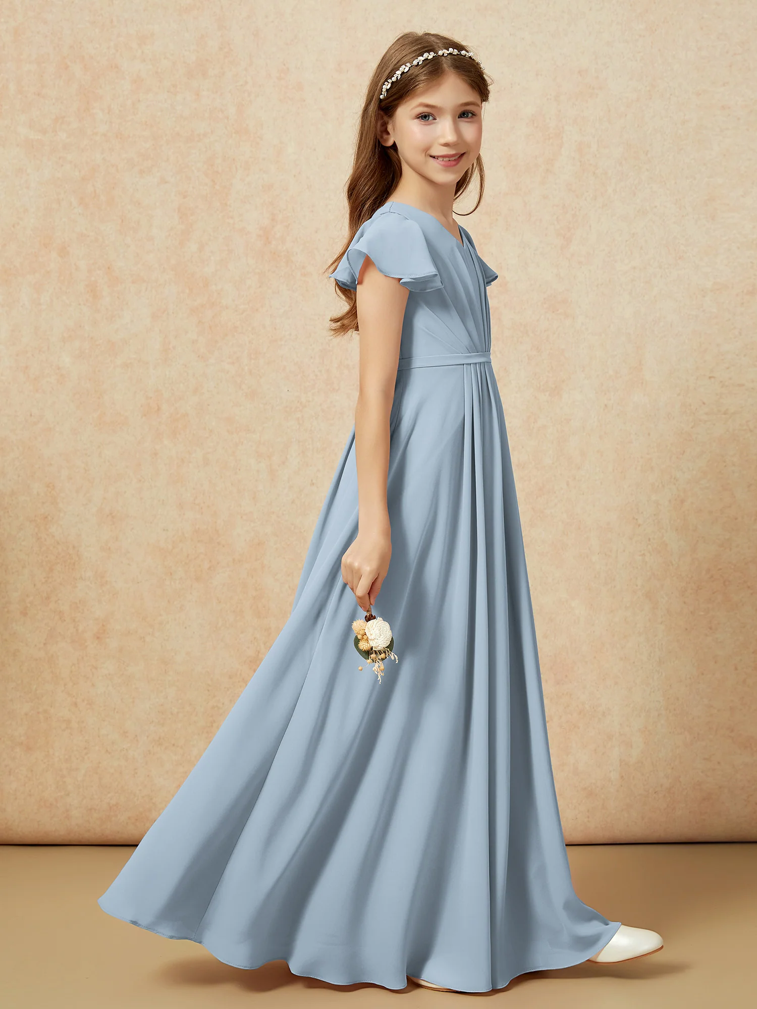 Flutter Sleeves V-neck Chiffon Junior Bridesmaid Dresses Dusty Blue - Image 5