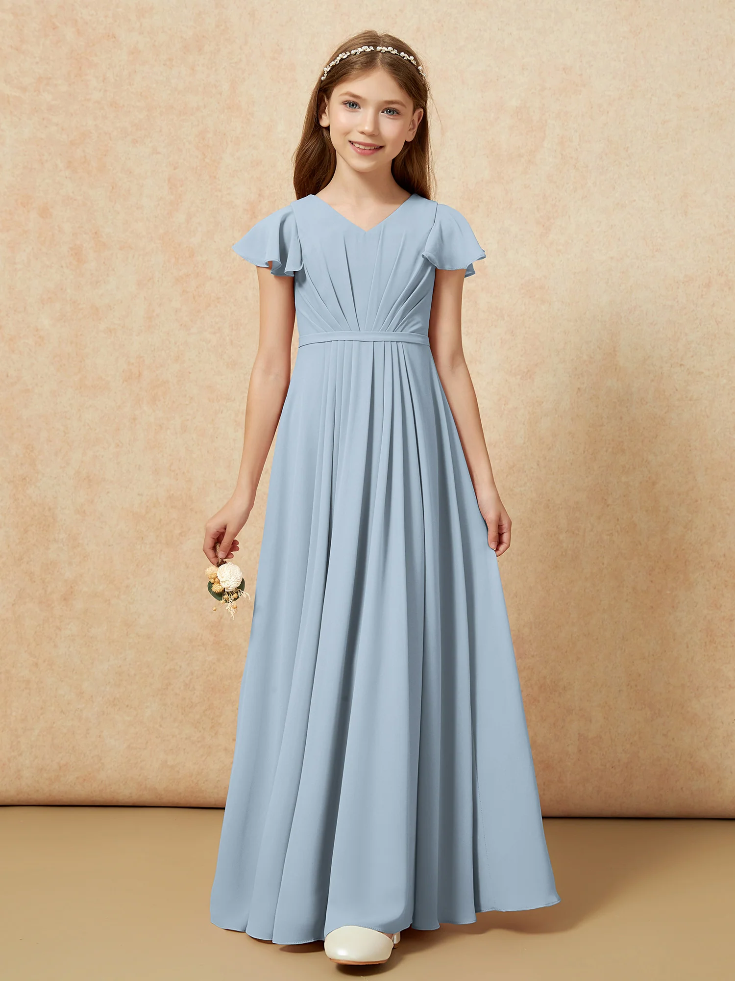 Flutter Sleeves V-neck Chiffon Junior Bridesmaid Dresses Dusty Blue - Image 6