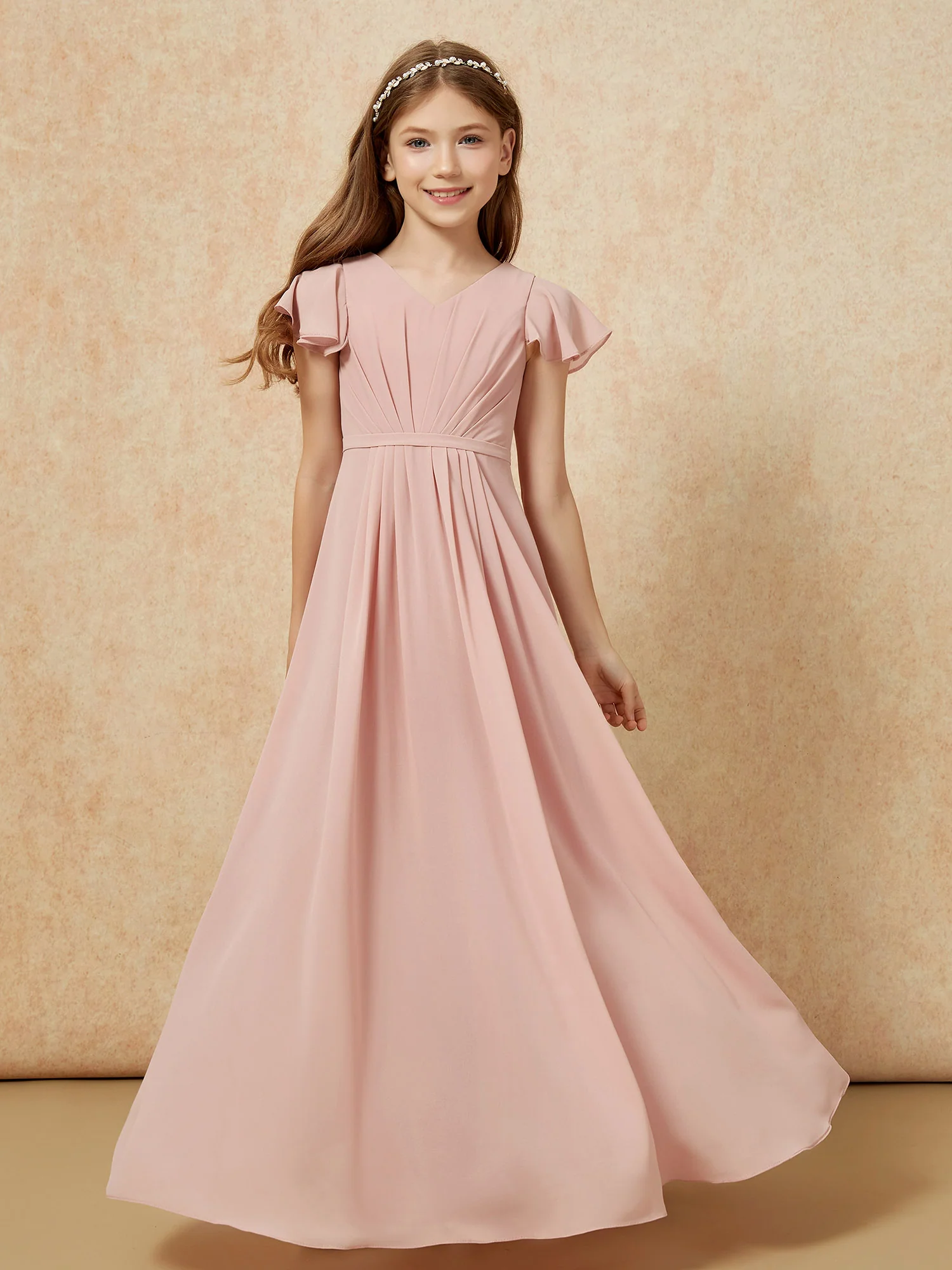 Flutter Sleeves V-neck Chiffon Junior Bridesmaid Dresses Dusty Rose