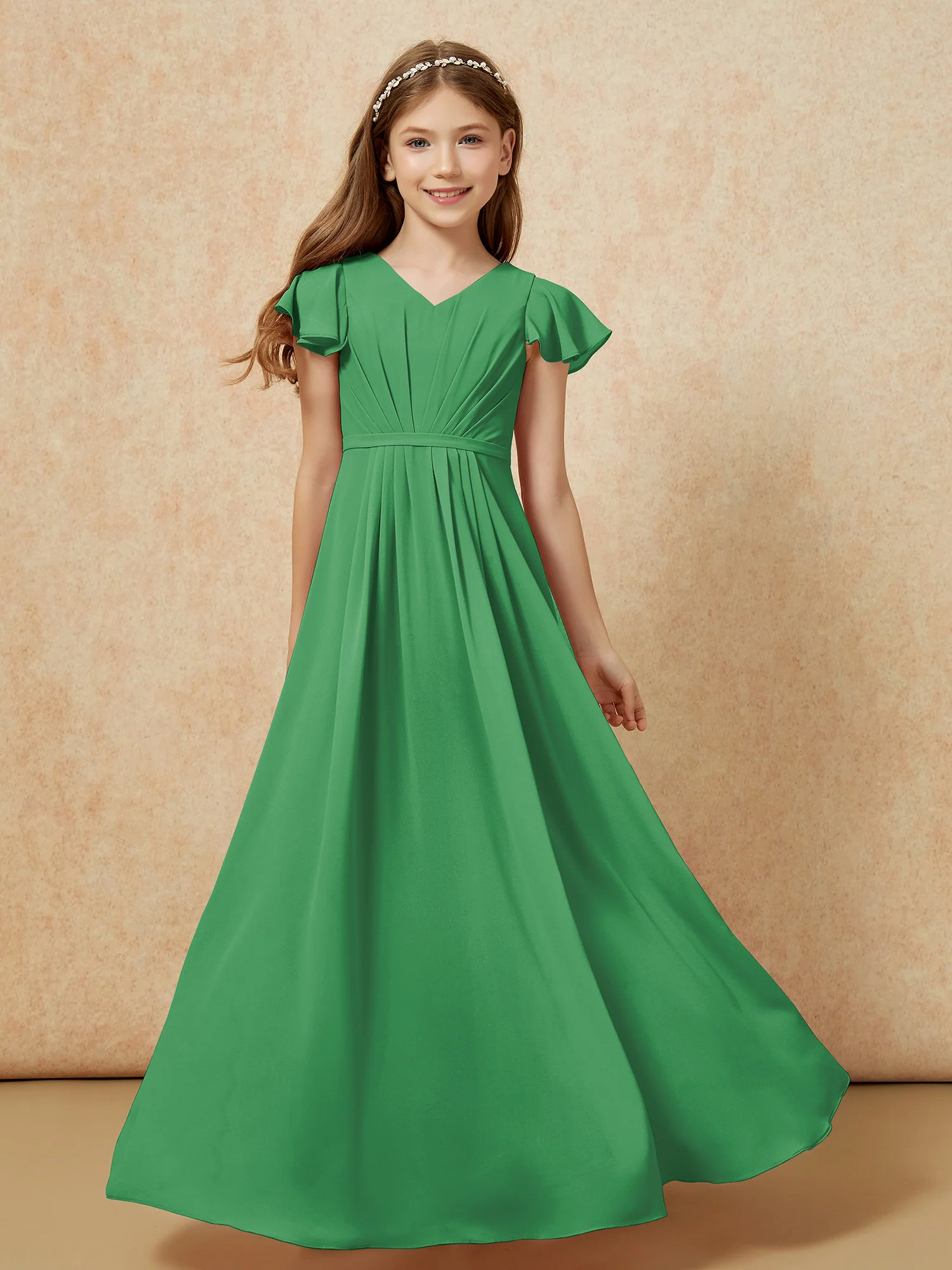 Flutter Sleeves V-neck Chiffon Junior Bridesmaid Dresses Emerald