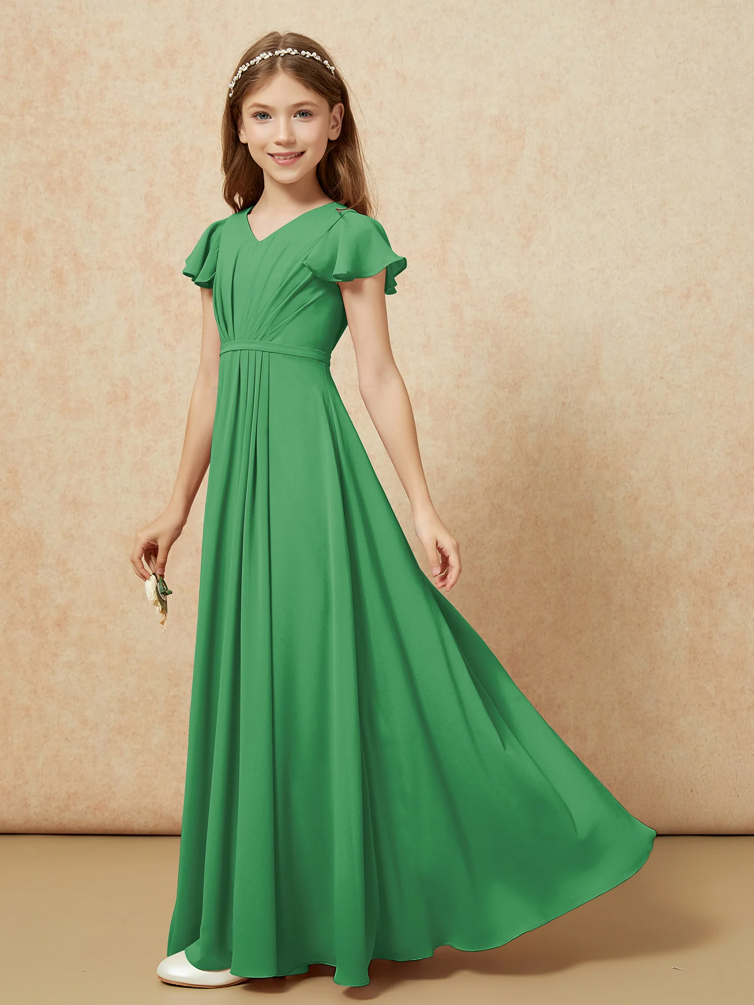 Flutter Sleeves V-neck Chiffon Junior Bridesmaid Dresses Emerald - Image 3