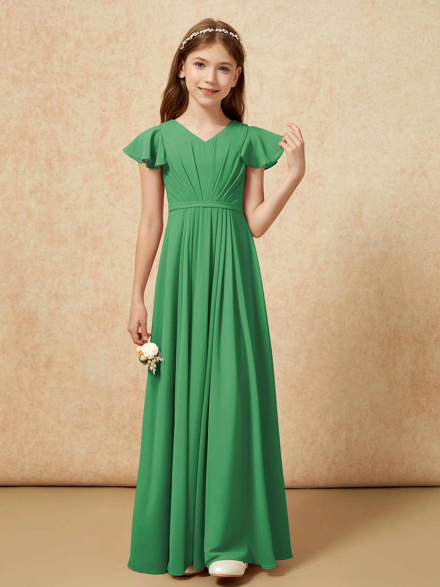 Flutter Sleeves V-neck Chiffon Junior Bridesmaid Dresses Emerald - Image 4