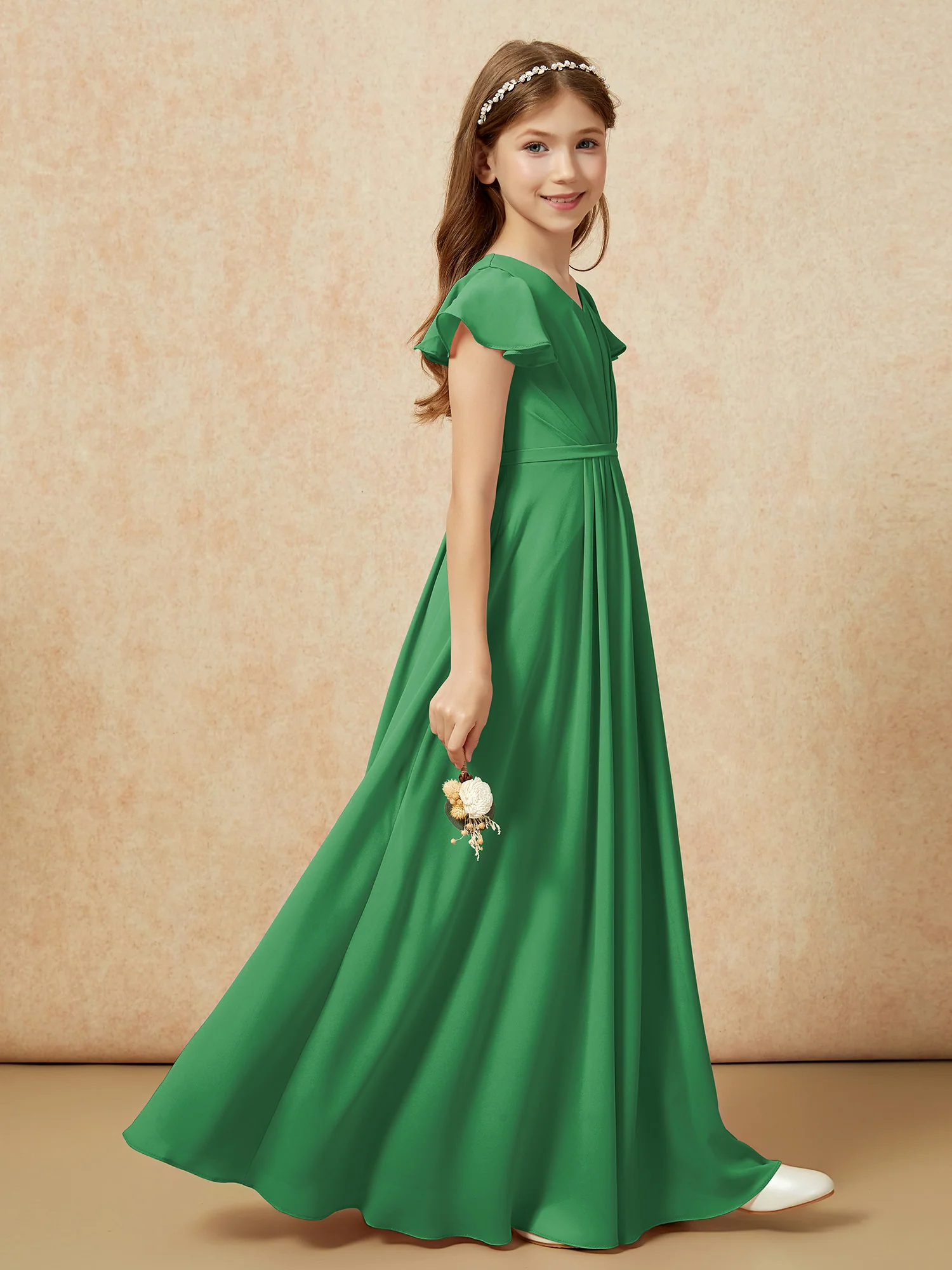 Flutter Sleeves V-neck Chiffon Junior Bridesmaid Dresses Emerald - Image 5