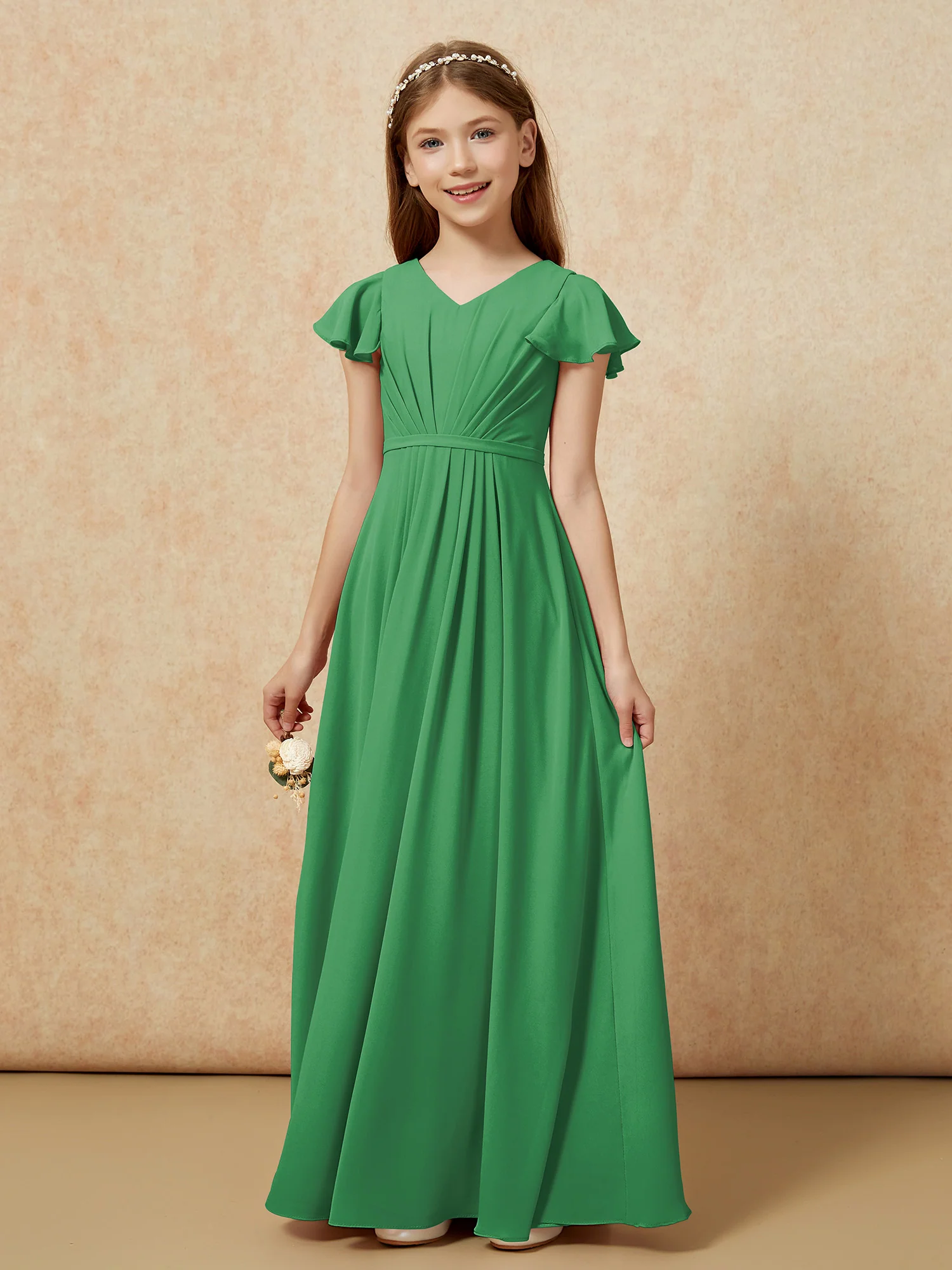 Flutter Sleeves V-neck Chiffon Junior Bridesmaid Dresses Emerald - Image 7