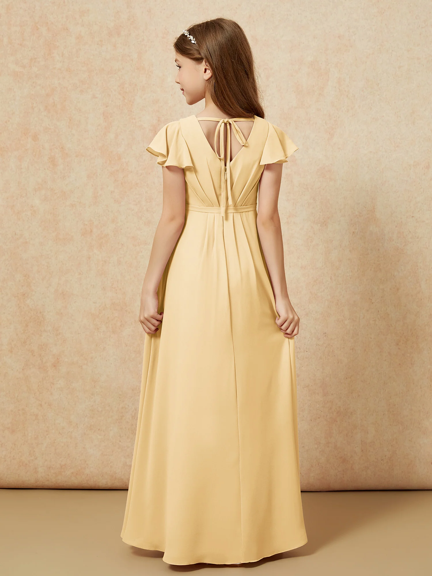 Flutter Sleeves V-neck Chiffon Junior Bridesmaid Dresses Gold - Image 2