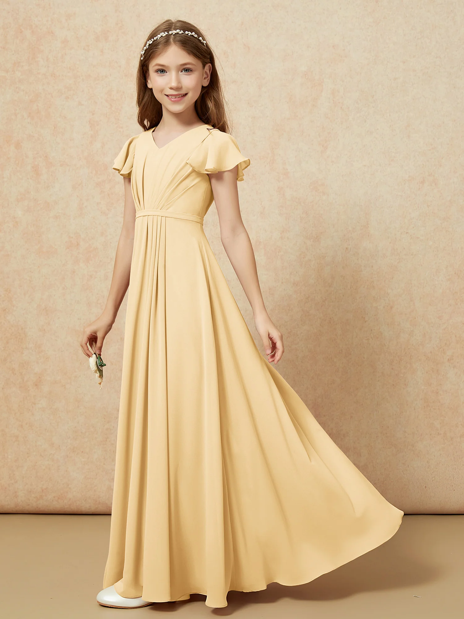 Flutter Sleeves V-neck Chiffon Junior Bridesmaid Dresses Gold - Image 3