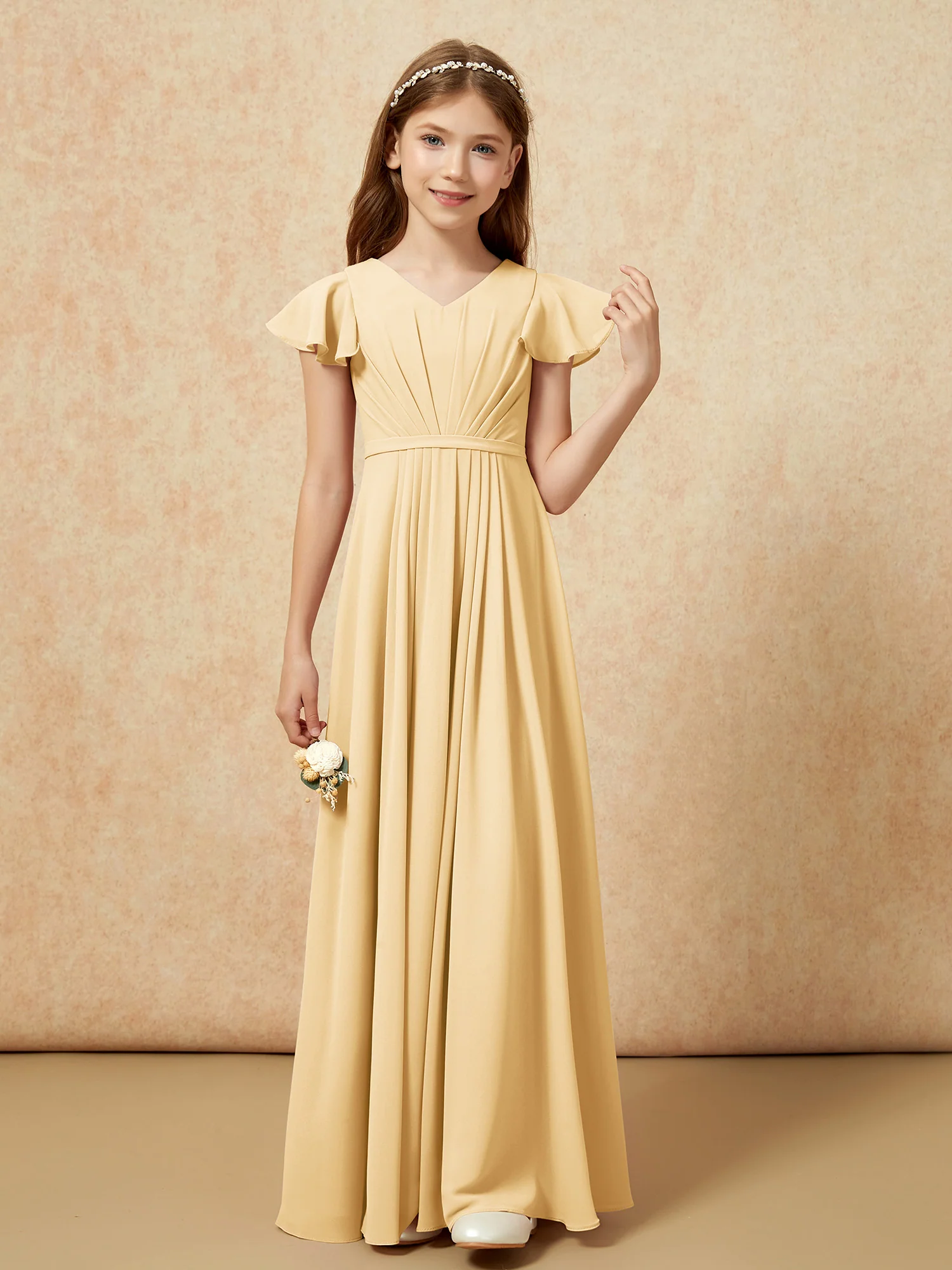 Flutter Sleeves V-neck Chiffon Junior Bridesmaid Dresses Gold - Image 4