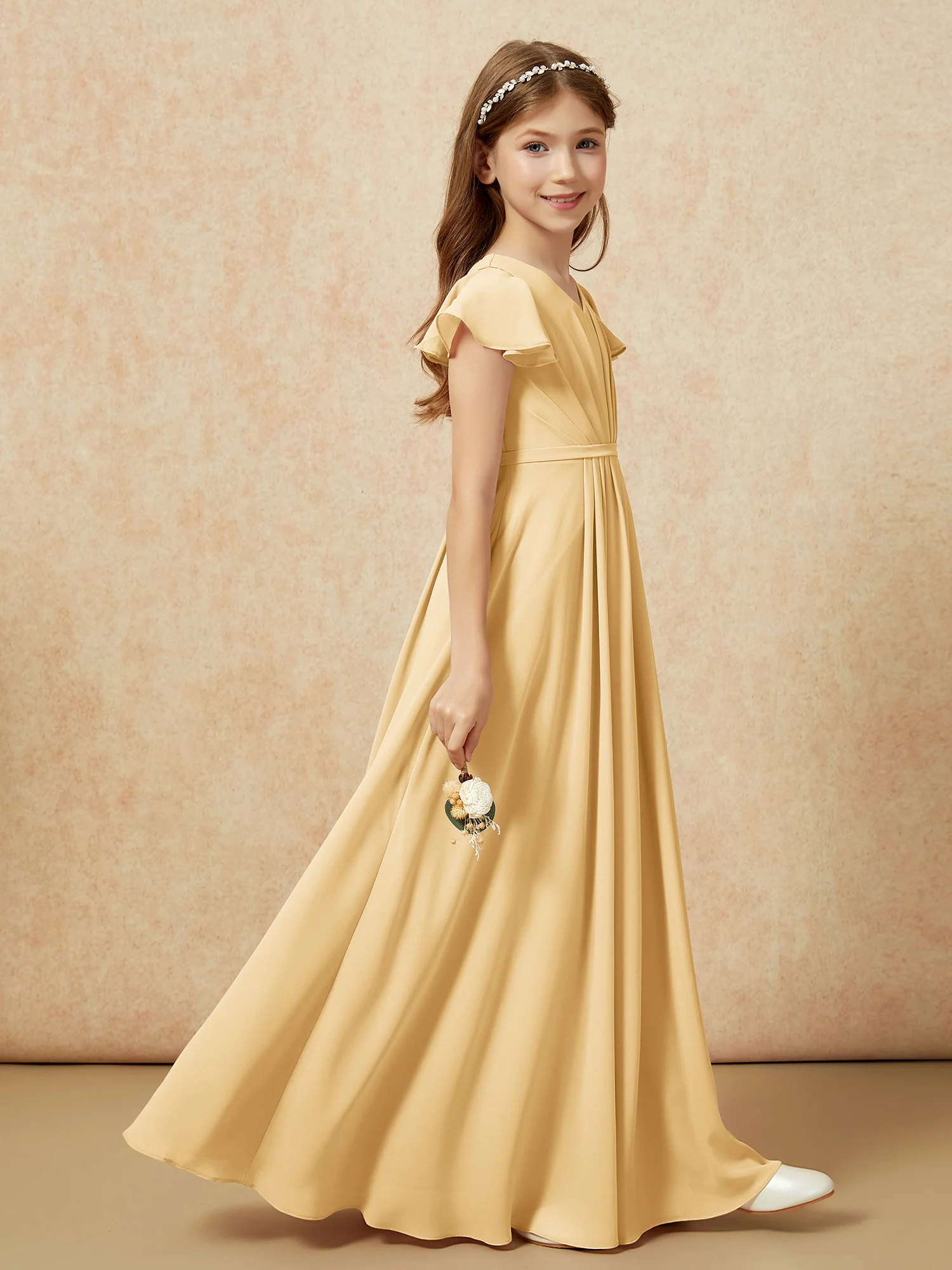 Flutter Sleeves V-neck Chiffon Junior Bridesmaid Dresses Gold - Image 5