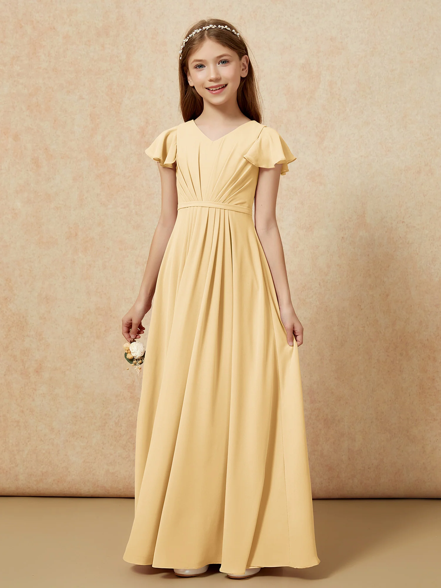 Flutter Sleeves V-neck Chiffon Junior Bridesmaid Dresses Gold - Image 7