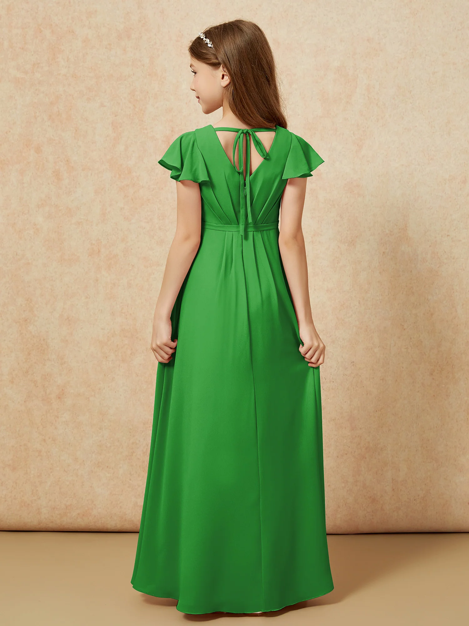Flutter Sleeves V-neck Chiffon Junior Bridesmaid Dresses Green - Image 2