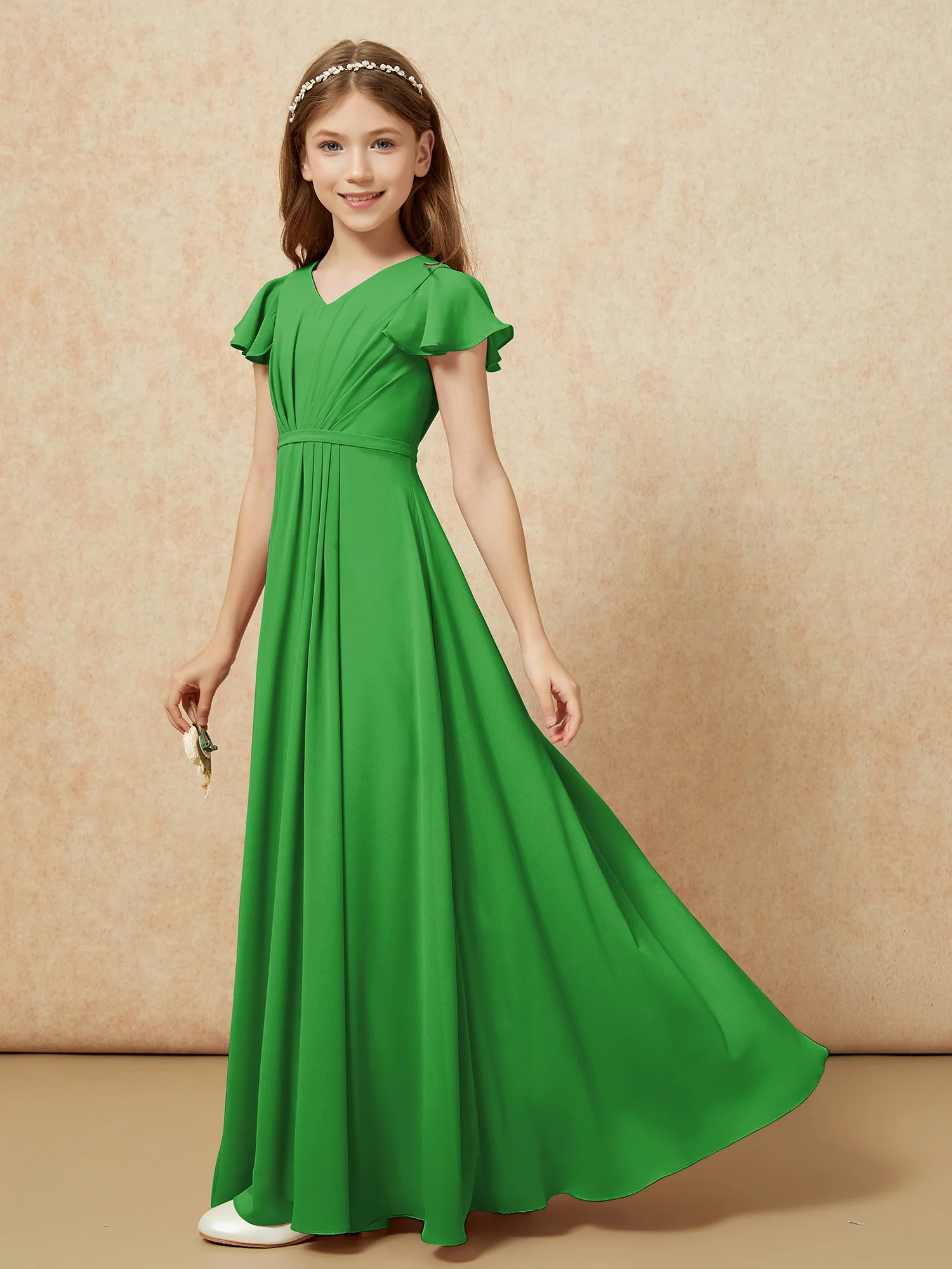 Flutter Sleeves V-neck Chiffon Junior Bridesmaid Dresses Green - Image 3