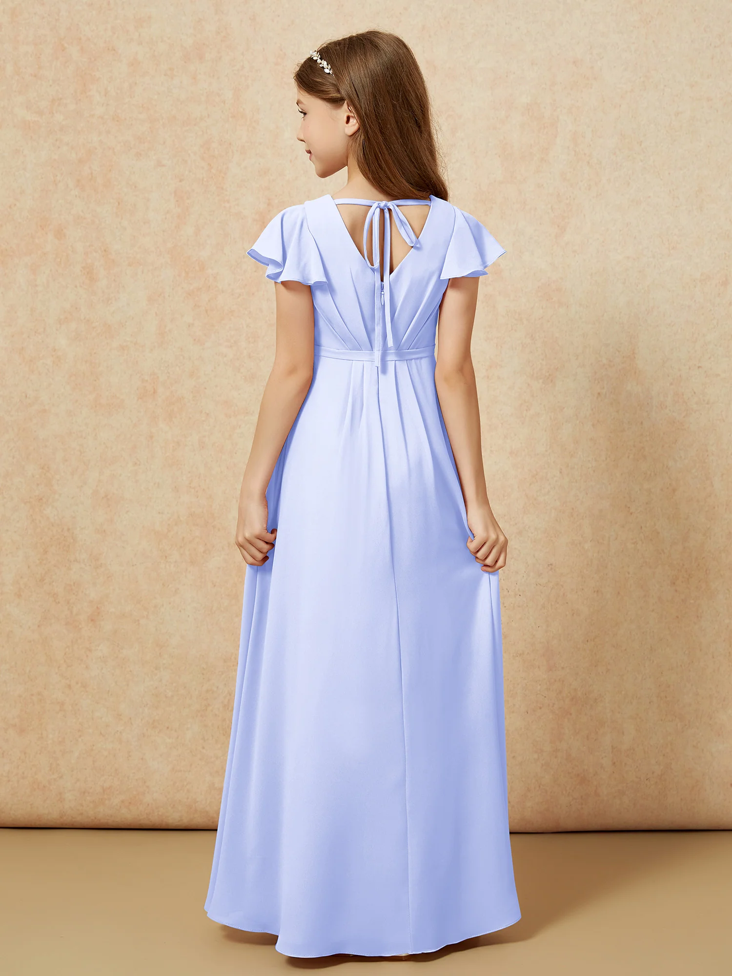 Flutter Sleeves V-neck Chiffon Junior Bridesmaid Dresses Lavender - Image 2