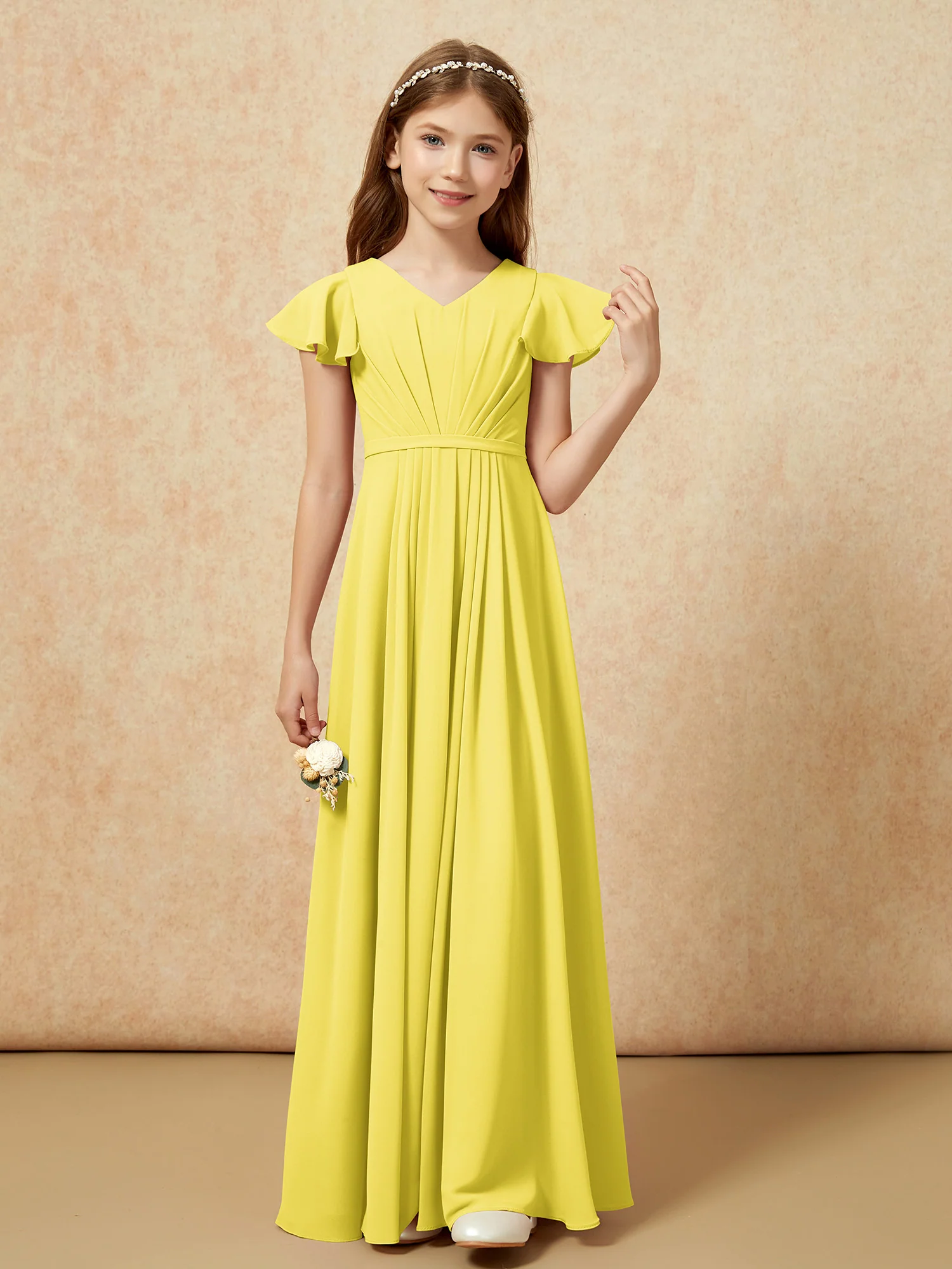 Flutter Sleeves V-neck Chiffon Junior Bridesmaid Dresses Lemon - Image 4