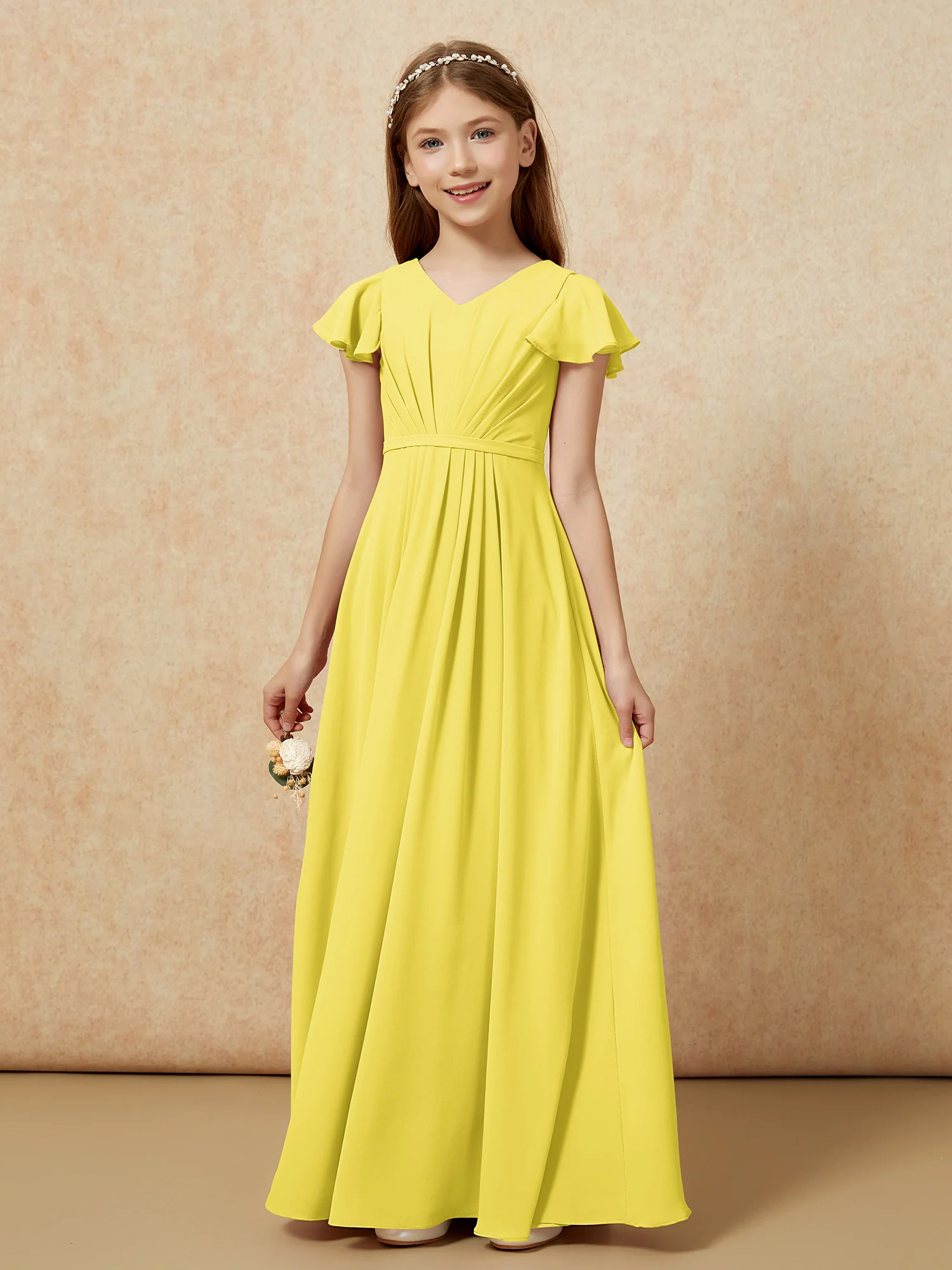Flutter Sleeves V-neck Chiffon Junior Bridesmaid Dresses Lemon - Image 7