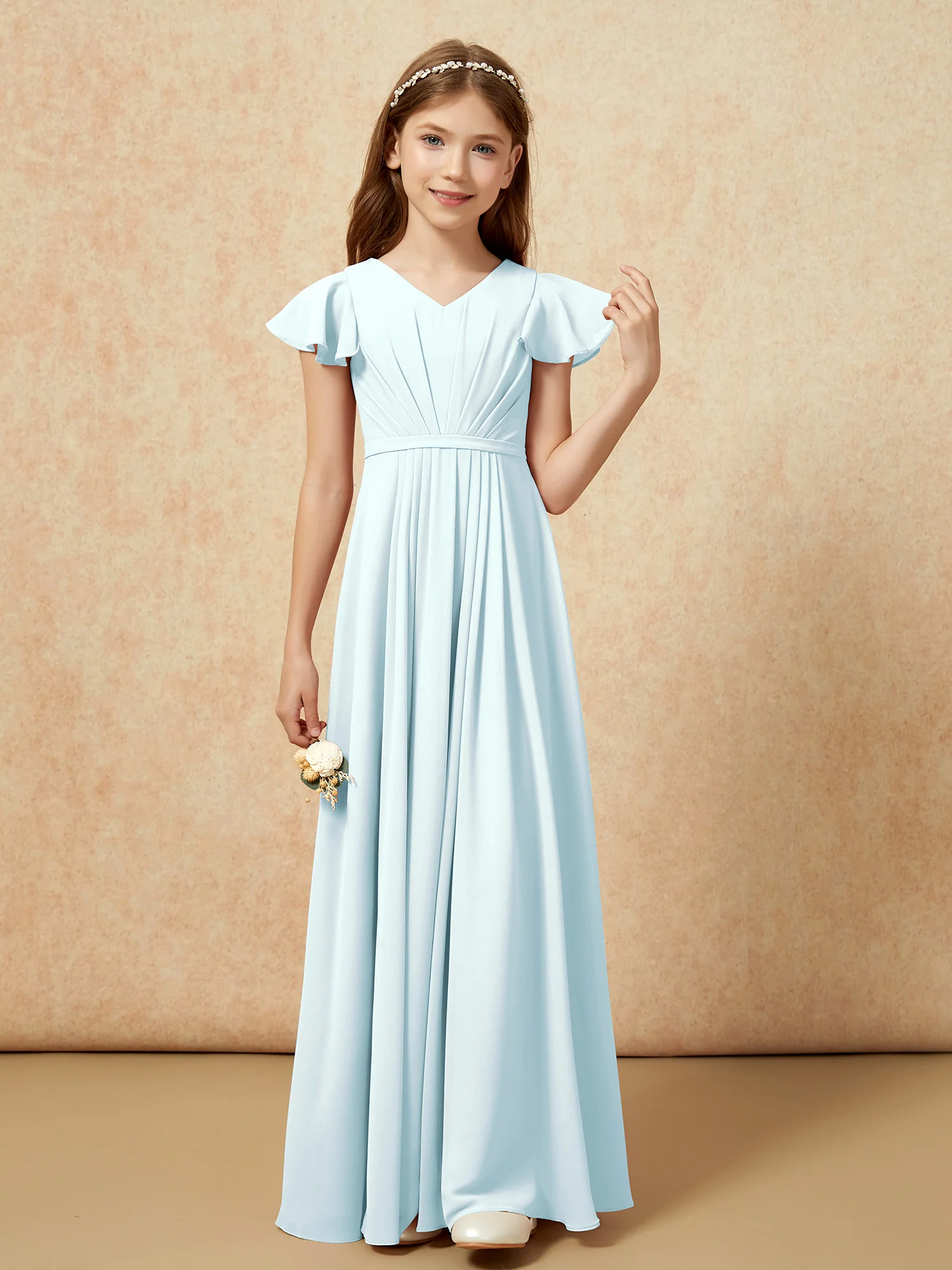 Flutter Sleeves V-neck Chiffon Junior Bridesmaid Dresses Mist - Image 4