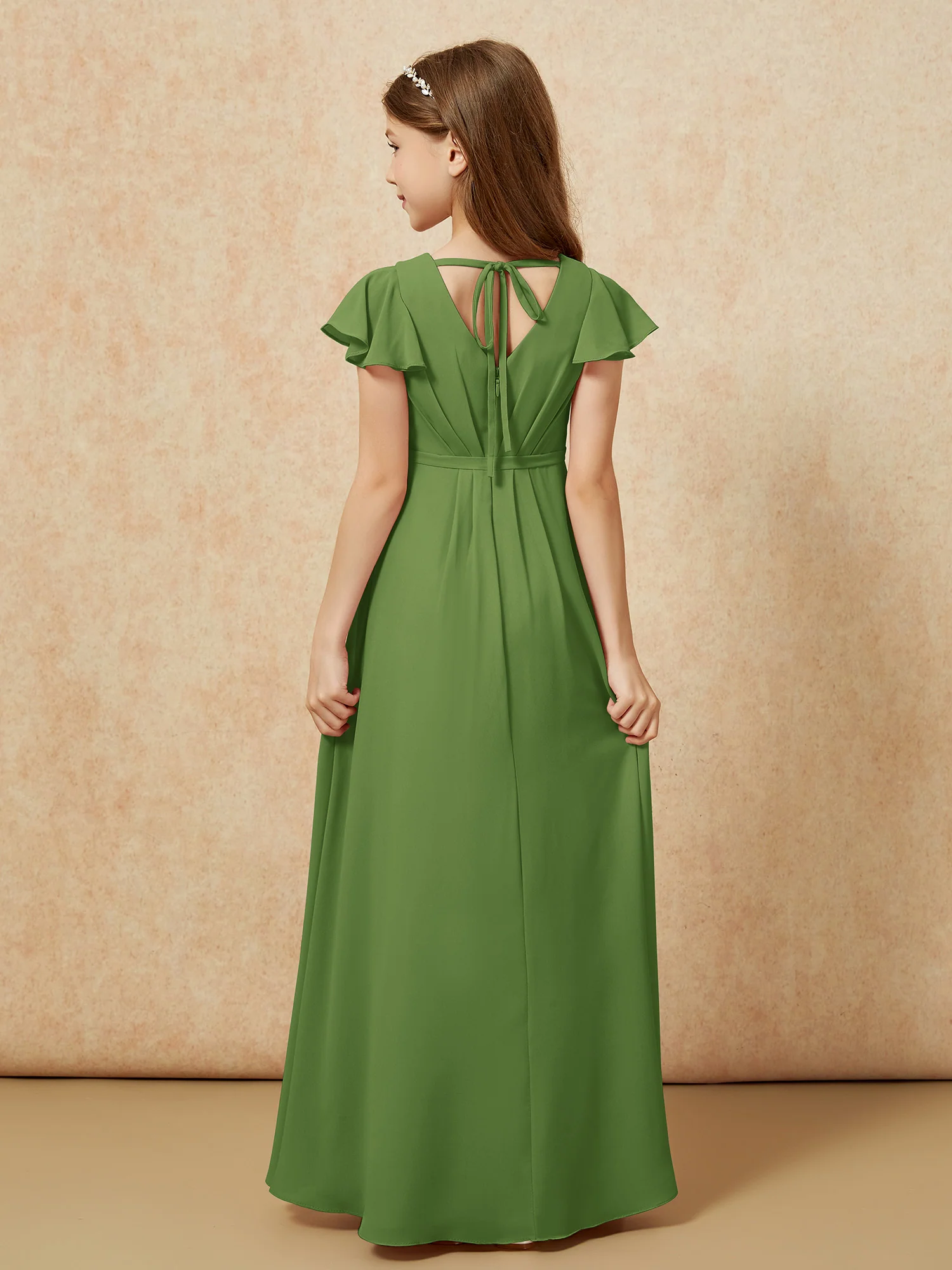 Flutter Sleeves V-neck Chiffon Junior Bridesmaid Dresses Moss - Image 2