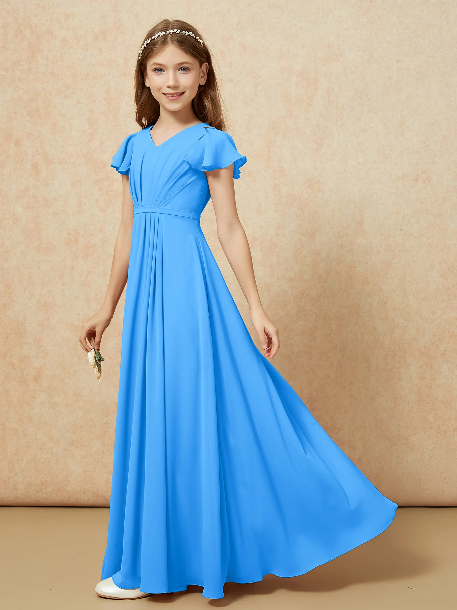 Flutter Sleeves V-neck Chiffon Junior Bridesmaid Dresses Ocean Blue - Image 3