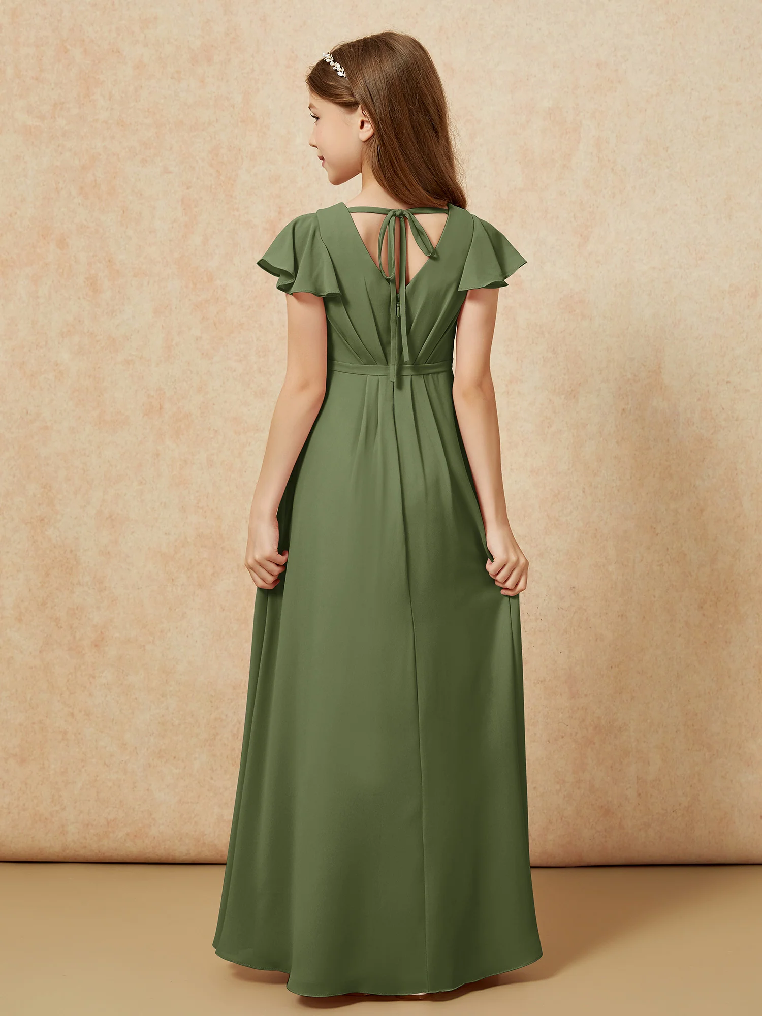 Flutter Sleeves V-neck Chiffon Junior Bridesmaid Dresses Olive Green - Image 2
