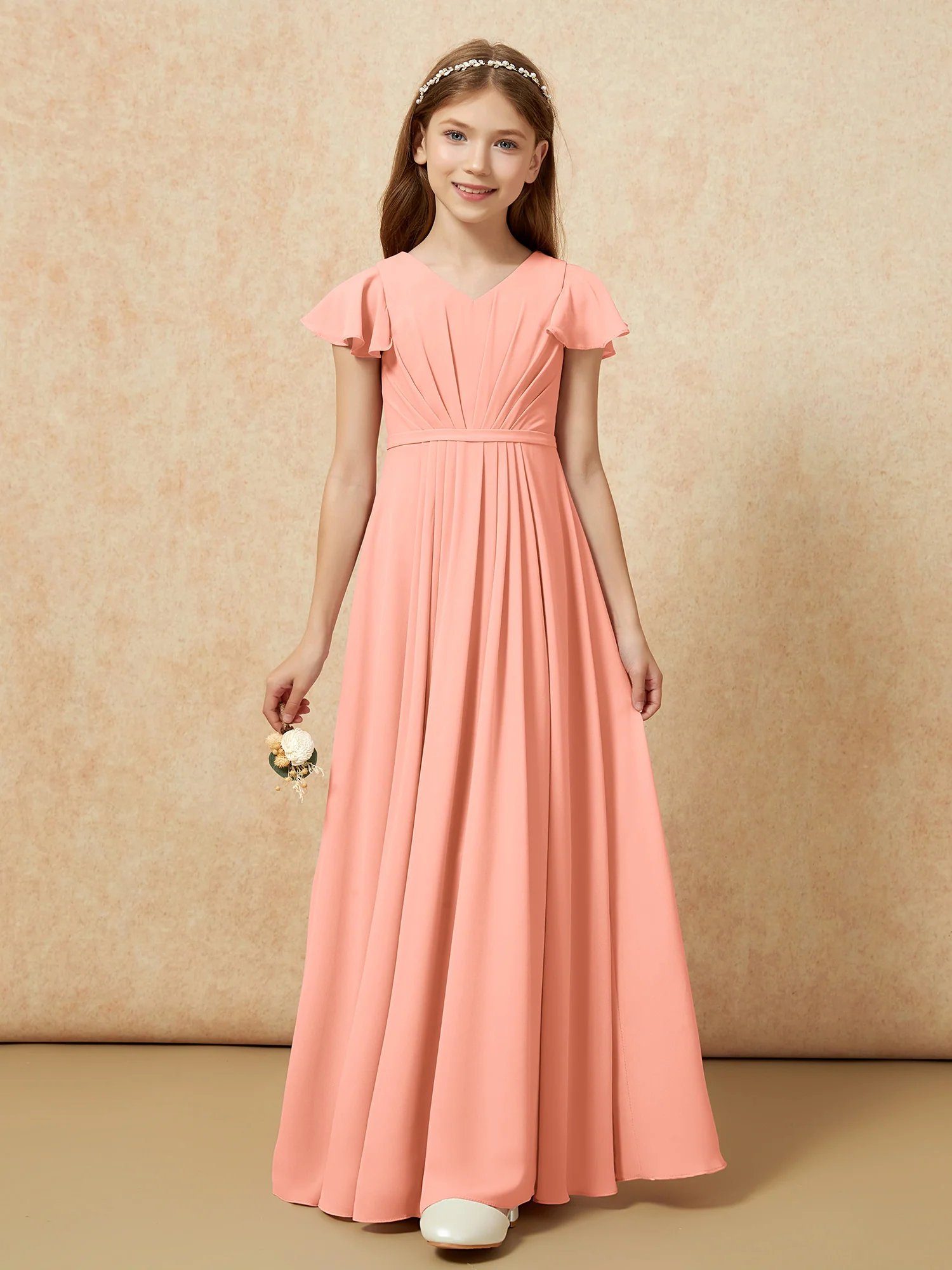 Flutter Sleeves V-neck Chiffon Junior Bridesmaid Dresses Papaya - Image 6