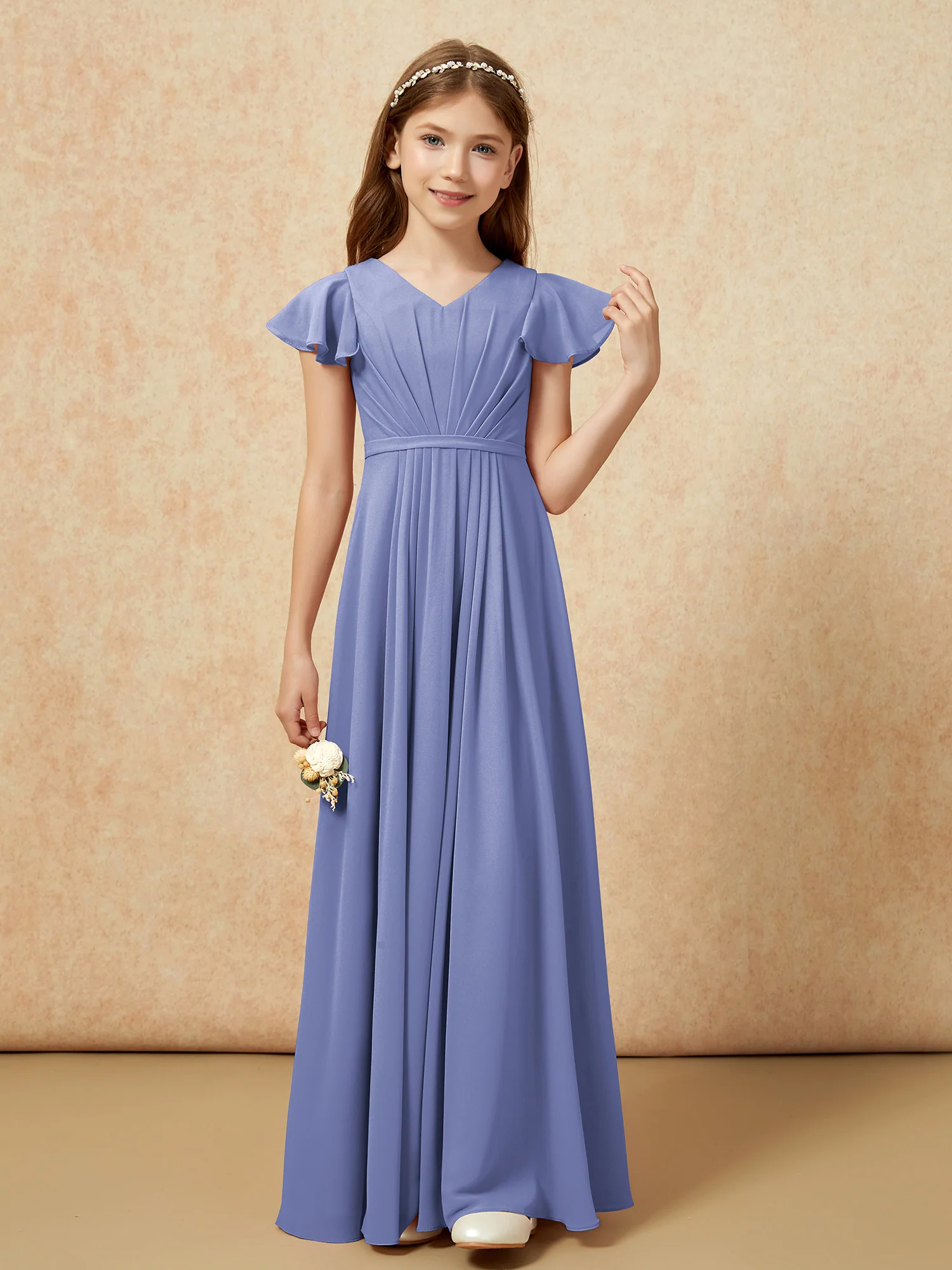 Flutter Sleeves V-neck Chiffon Junior Bridesmaid Dresses Periwinkle - Image 4