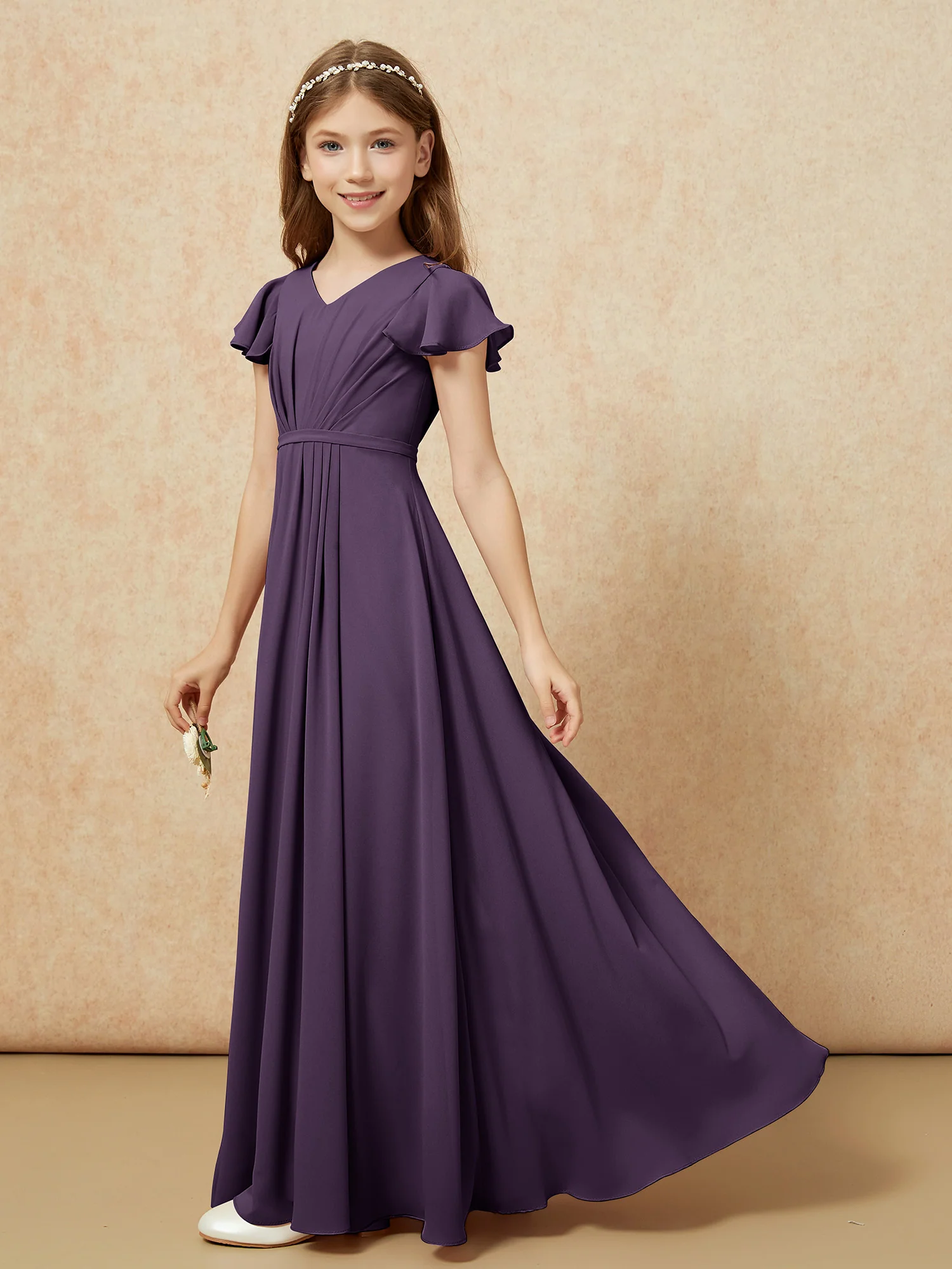 Flutter Sleeves V-neck Chiffon Junior Bridesmaid Dresses Plum - Image 3