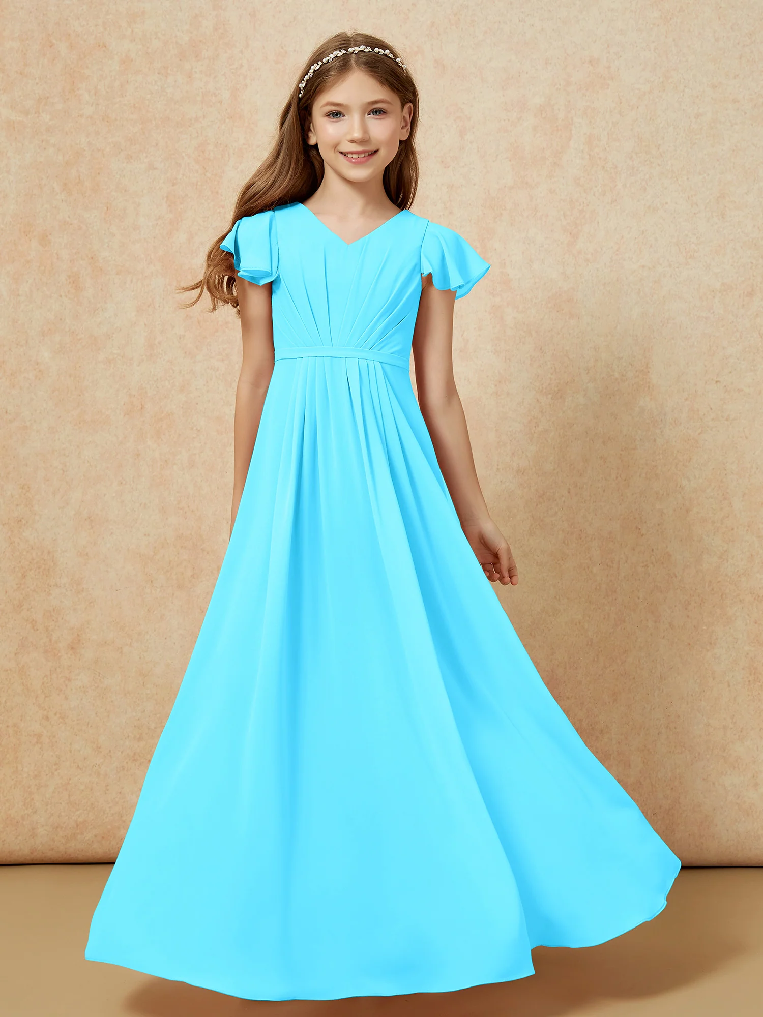 Flutter Sleeves V-neck Chiffon Junior Bridesmaid Dresses Pool
