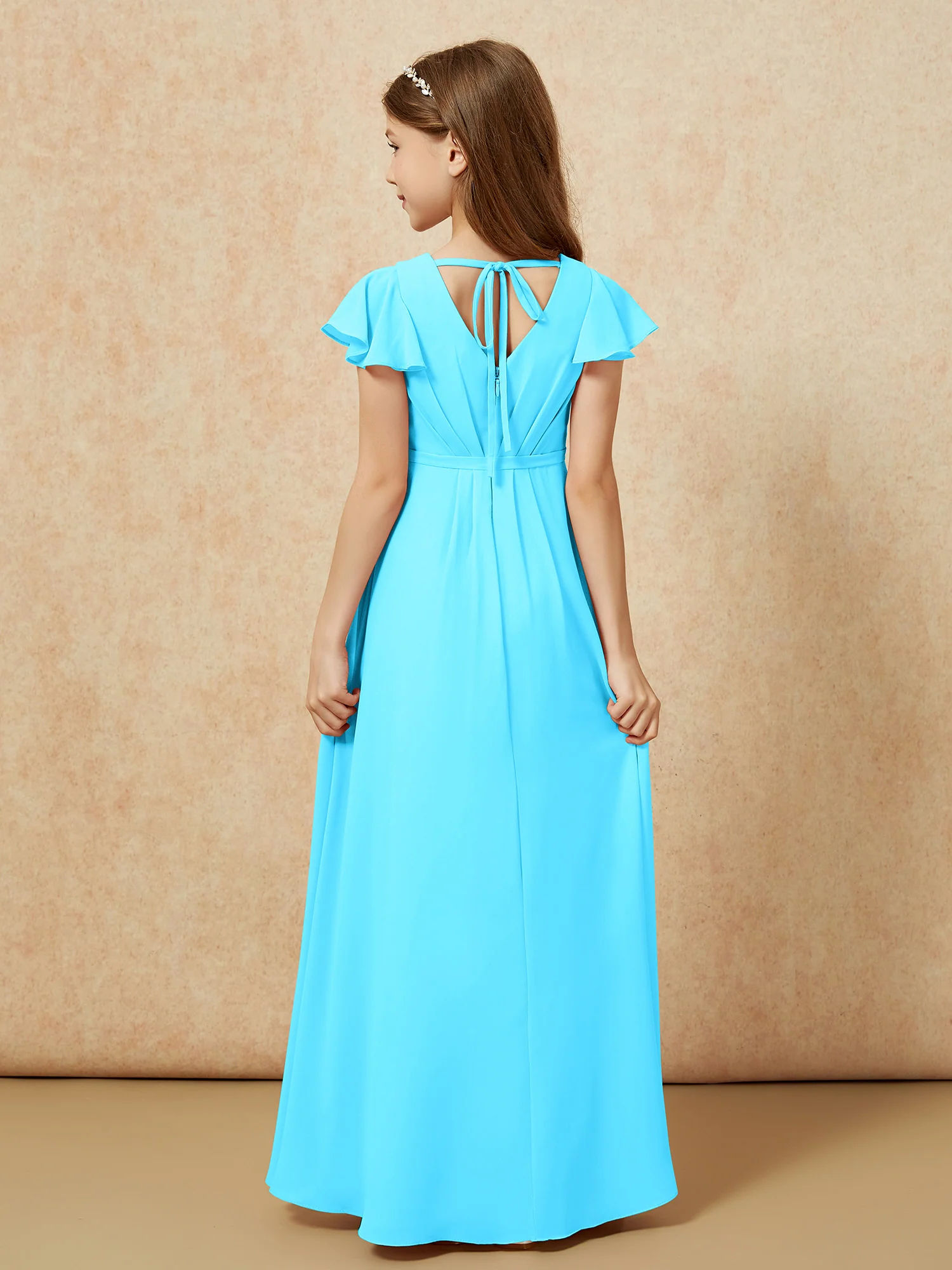 Flutter Sleeves V-neck Chiffon Junior Bridesmaid Dresses Pool - Image 2