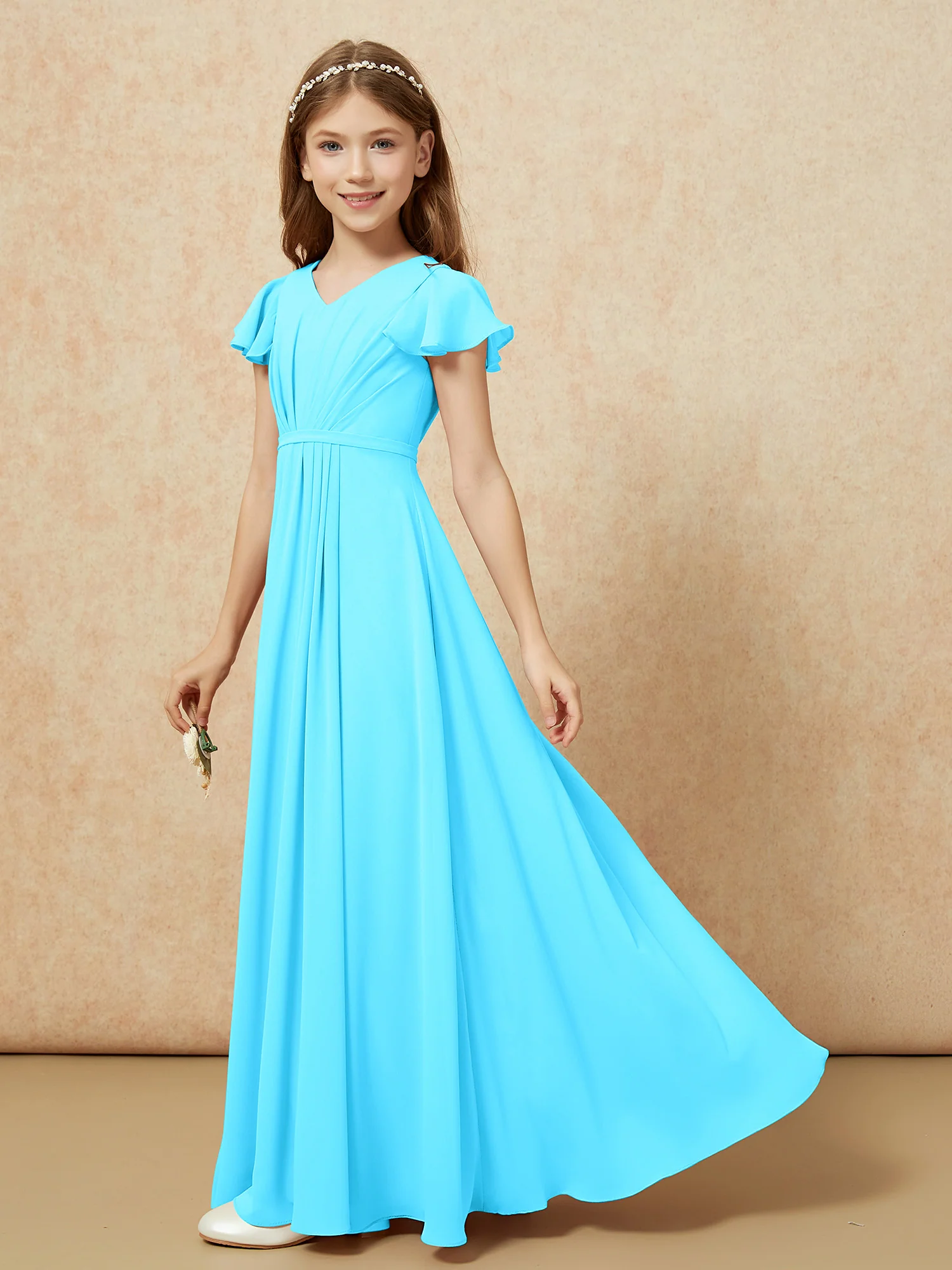 Flutter Sleeves V-neck Chiffon Junior Bridesmaid Dresses Pool - Image 3