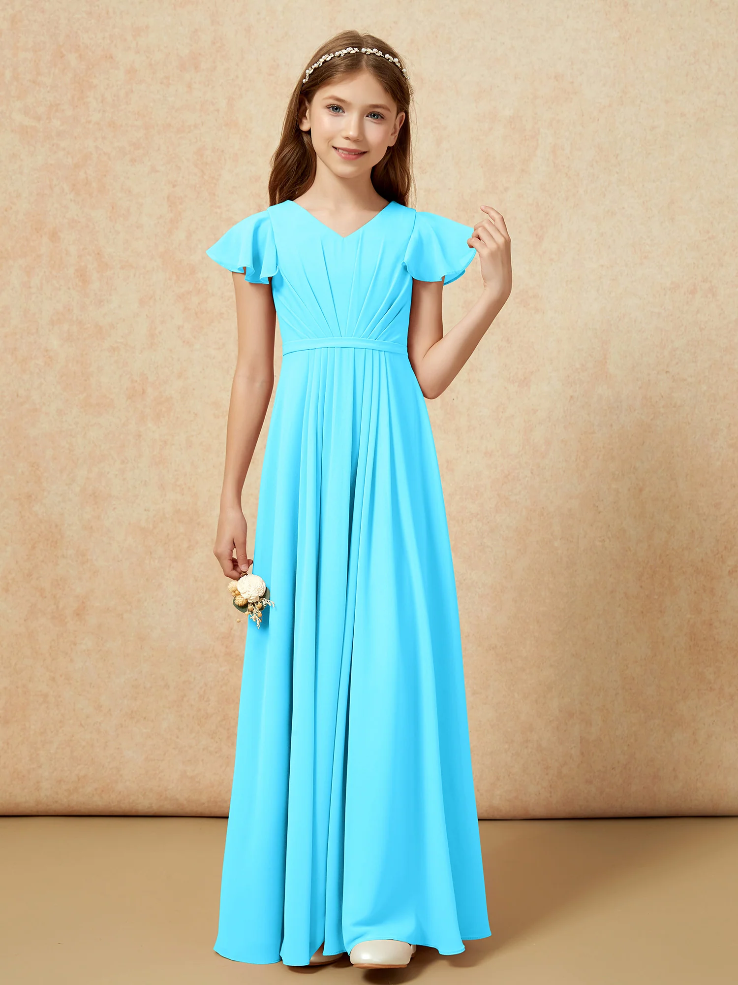 Flutter Sleeves V-neck Chiffon Junior Bridesmaid Dresses Pool - Image 4