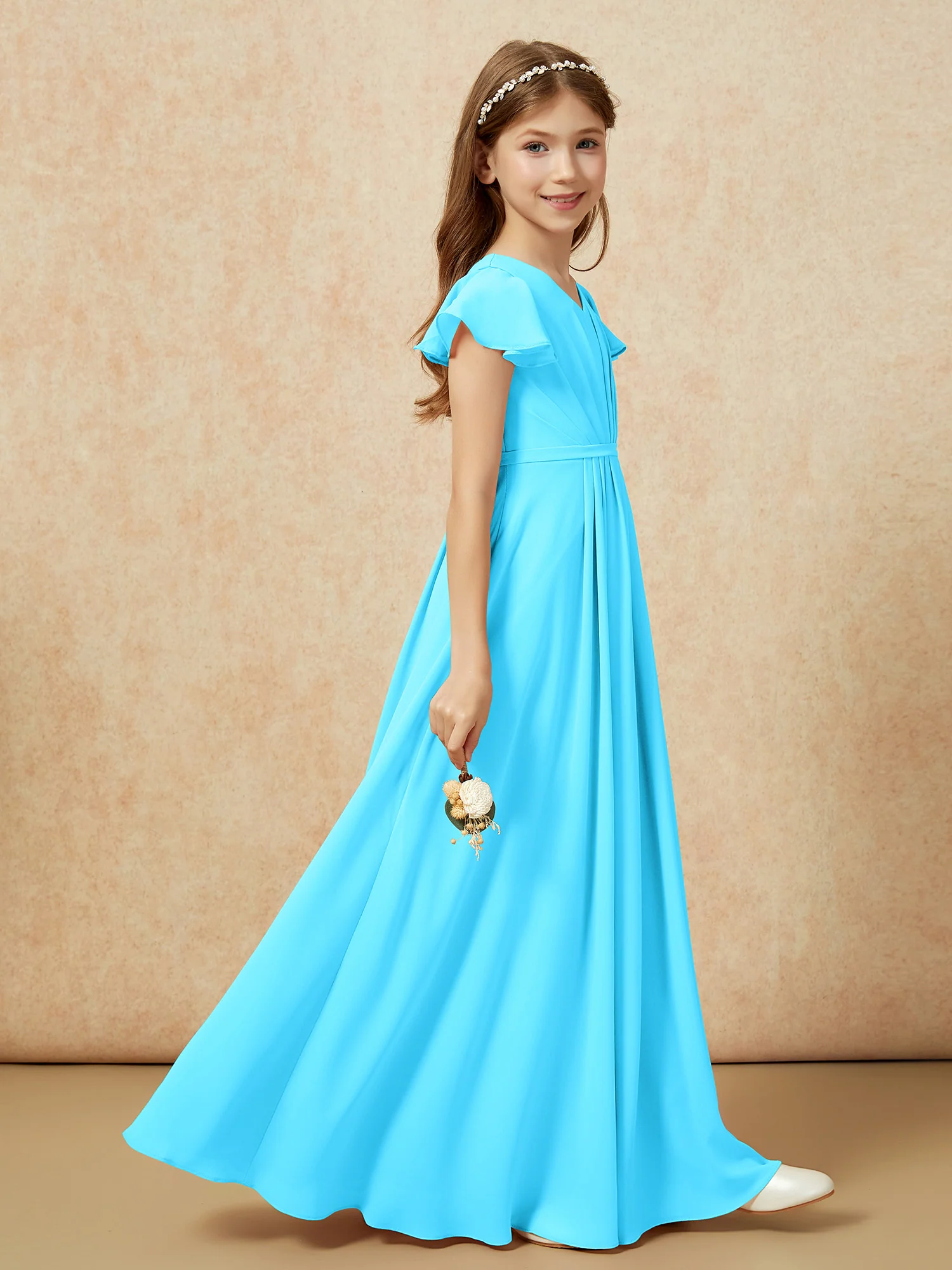 Flutter Sleeves V-neck Chiffon Junior Bridesmaid Dresses Pool - Image 5