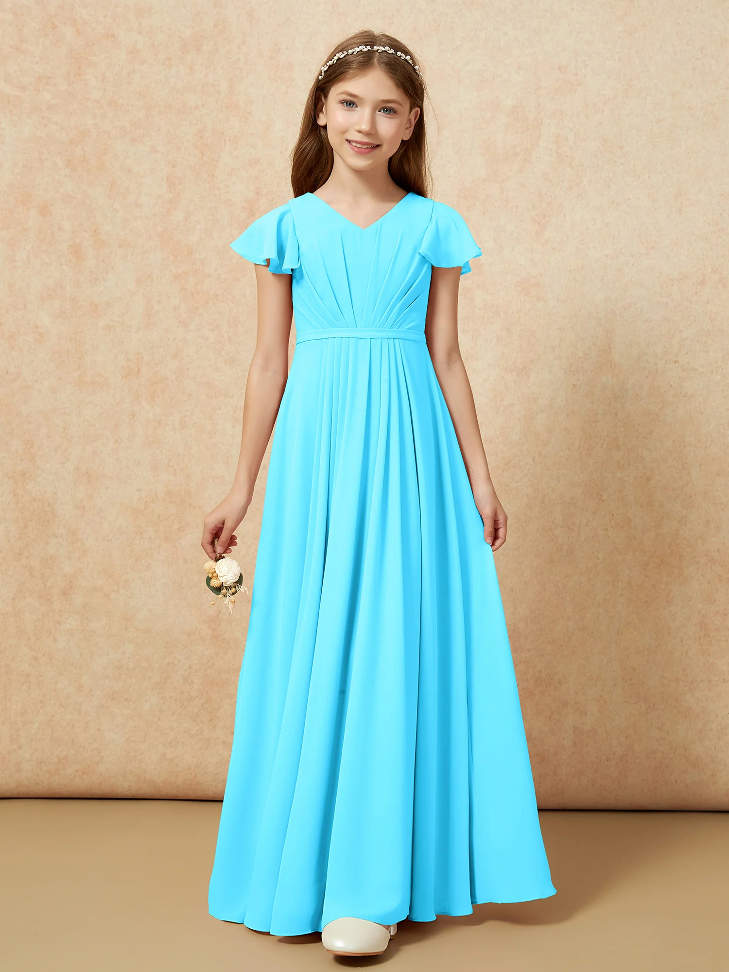 Flutter Sleeves V-neck Chiffon Junior Bridesmaid Dresses Pool - Image 6